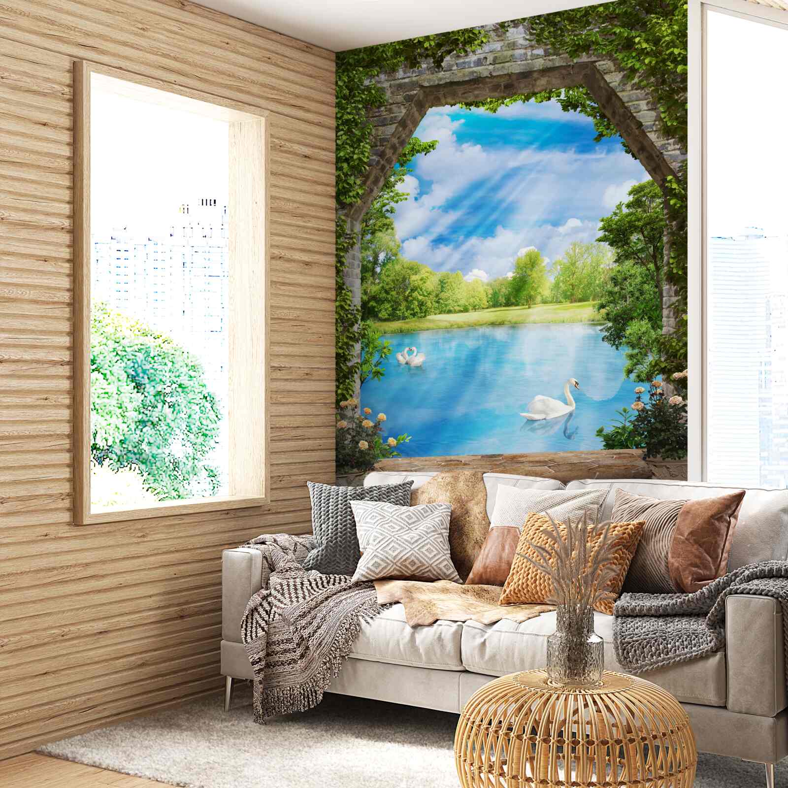 Фотошпалери по озеру плавають лебеді з білим оперенням