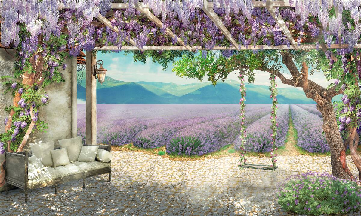 Фотошпалери поруч з лавандовим полем є гойдалка