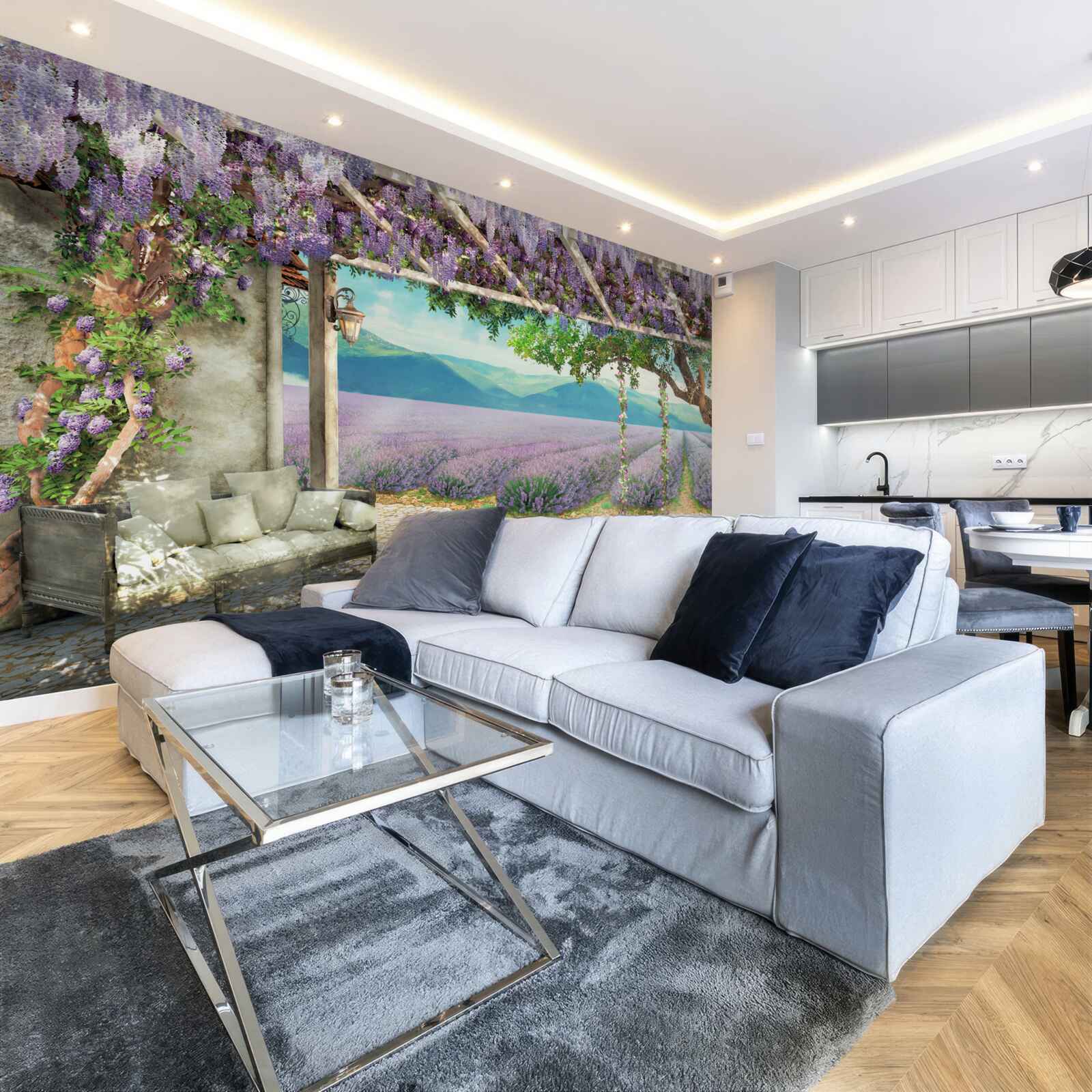 Фотошпалери поруч з лавандовим полем є гойдалка