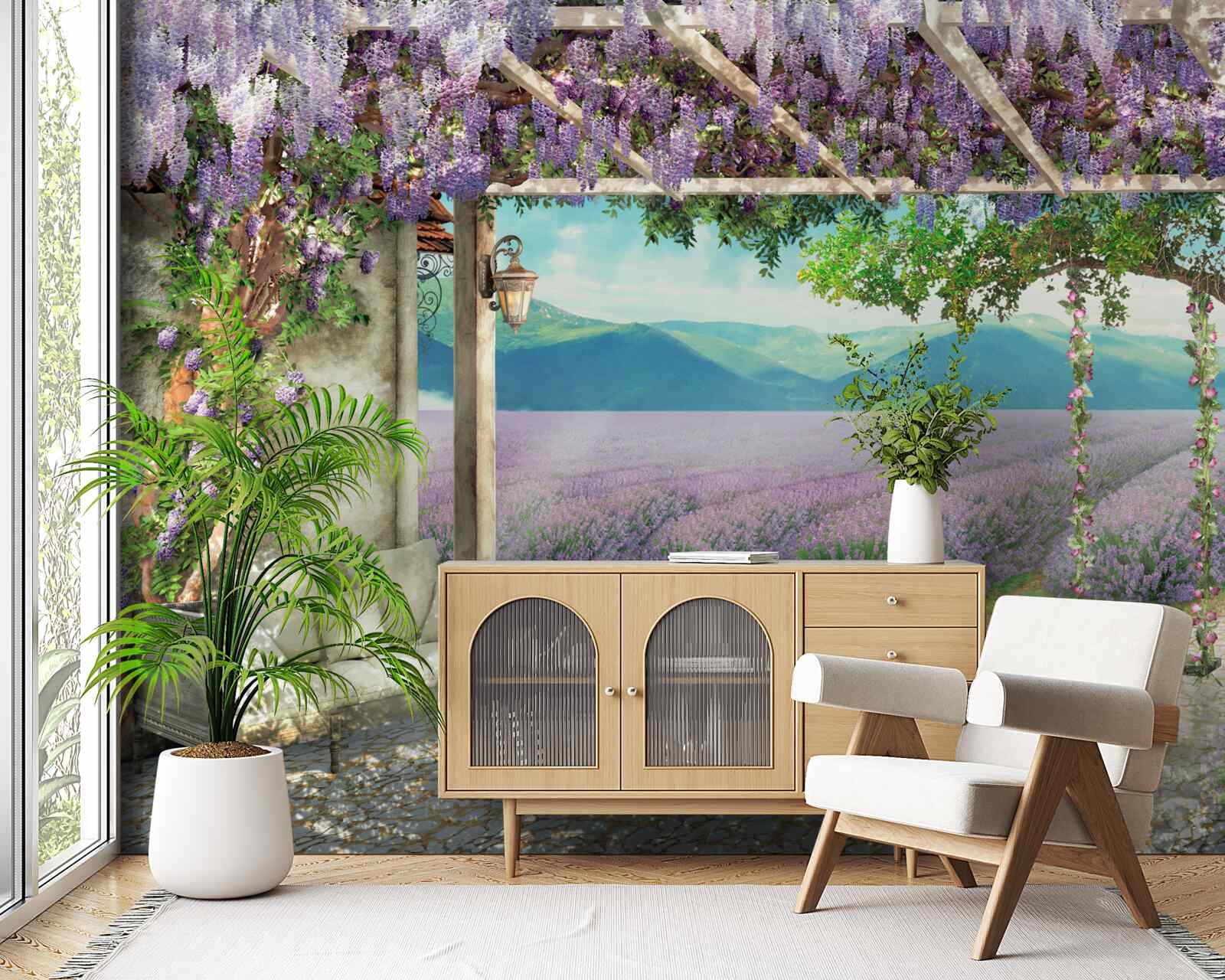 Фотошпалери поруч з лавандовим полем є гойдалка