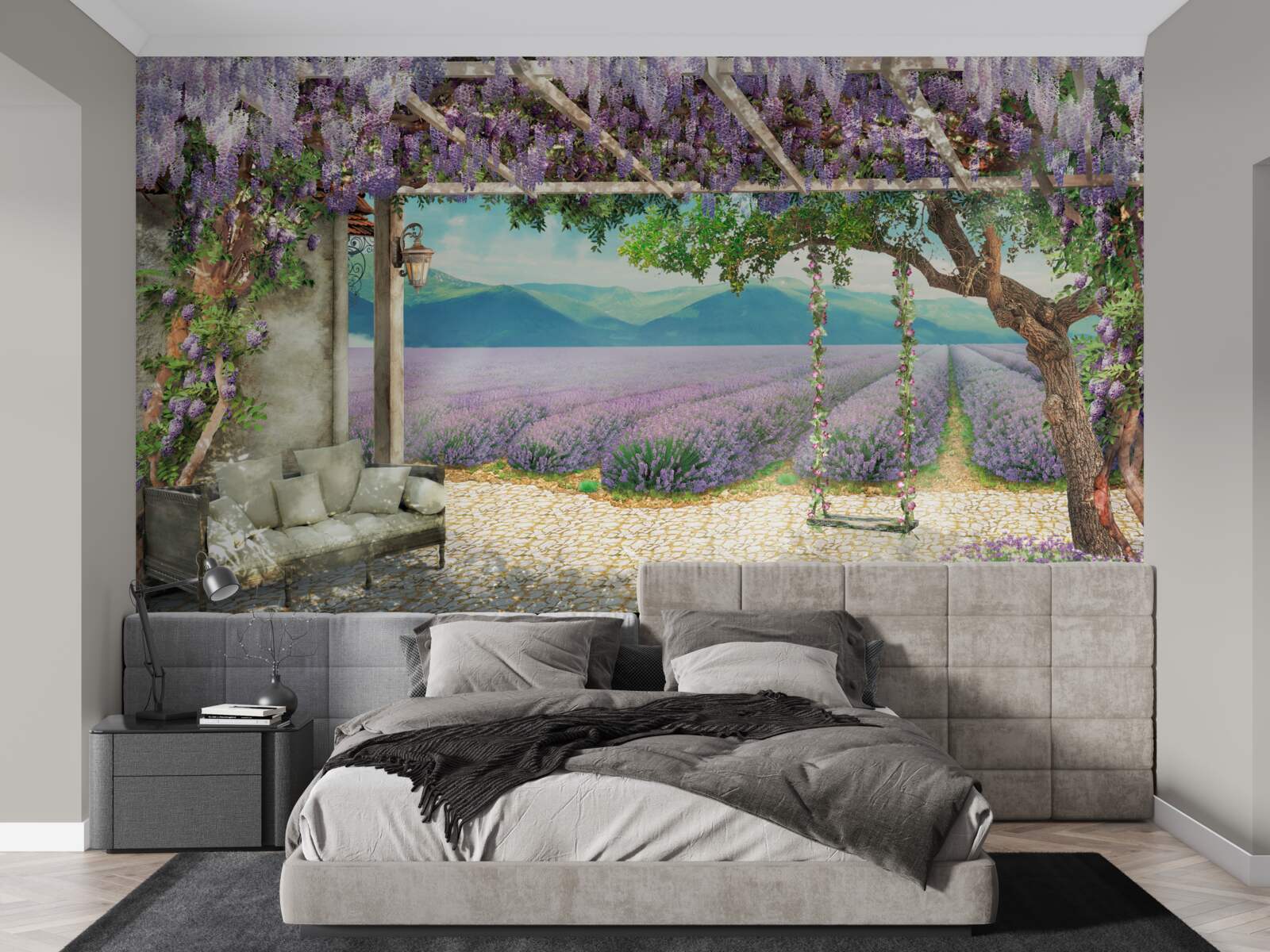 Фотошпалери поруч з лавандовим полем є гойдалка