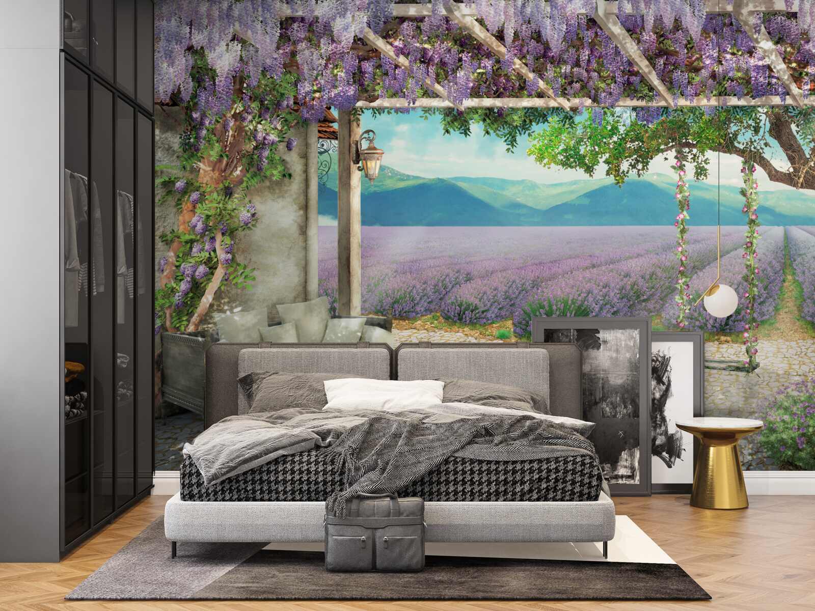 Фотошпалери поруч з лавандовим полем є гойдалка