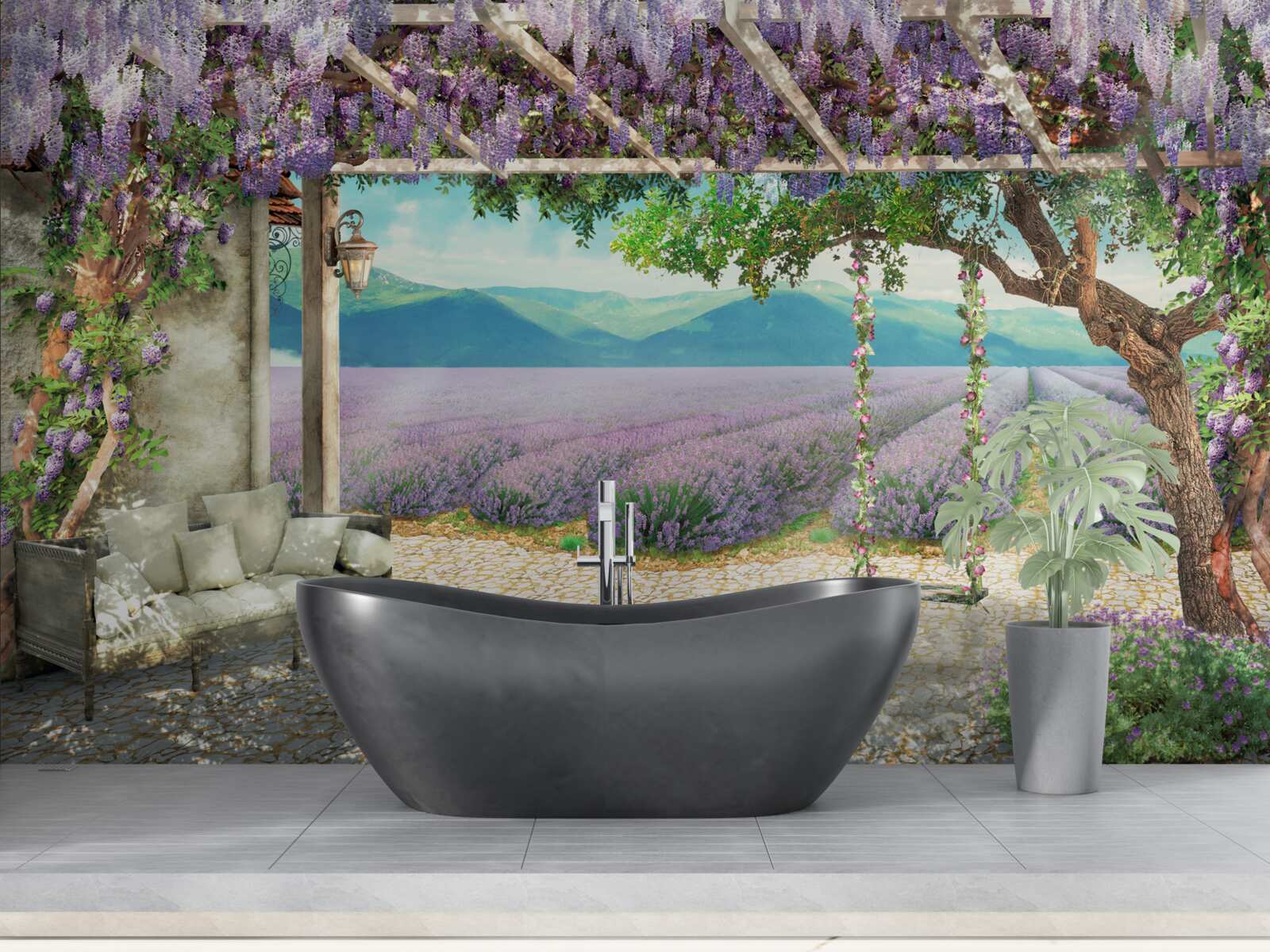 Фотошпалери поруч з лавандовим полем є гойдалка