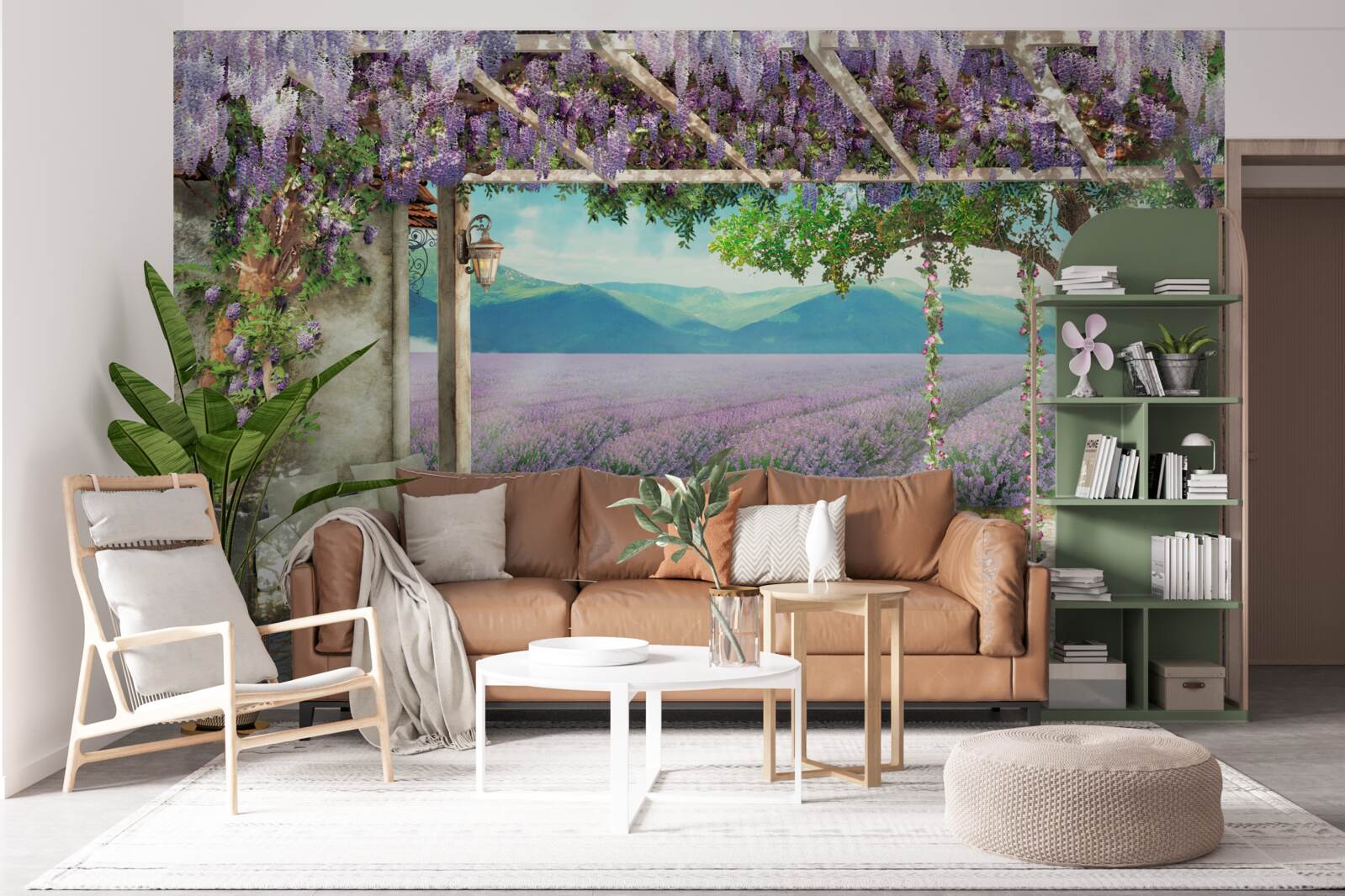 Фотошпалери поруч з лавандовим полем є гойдалка