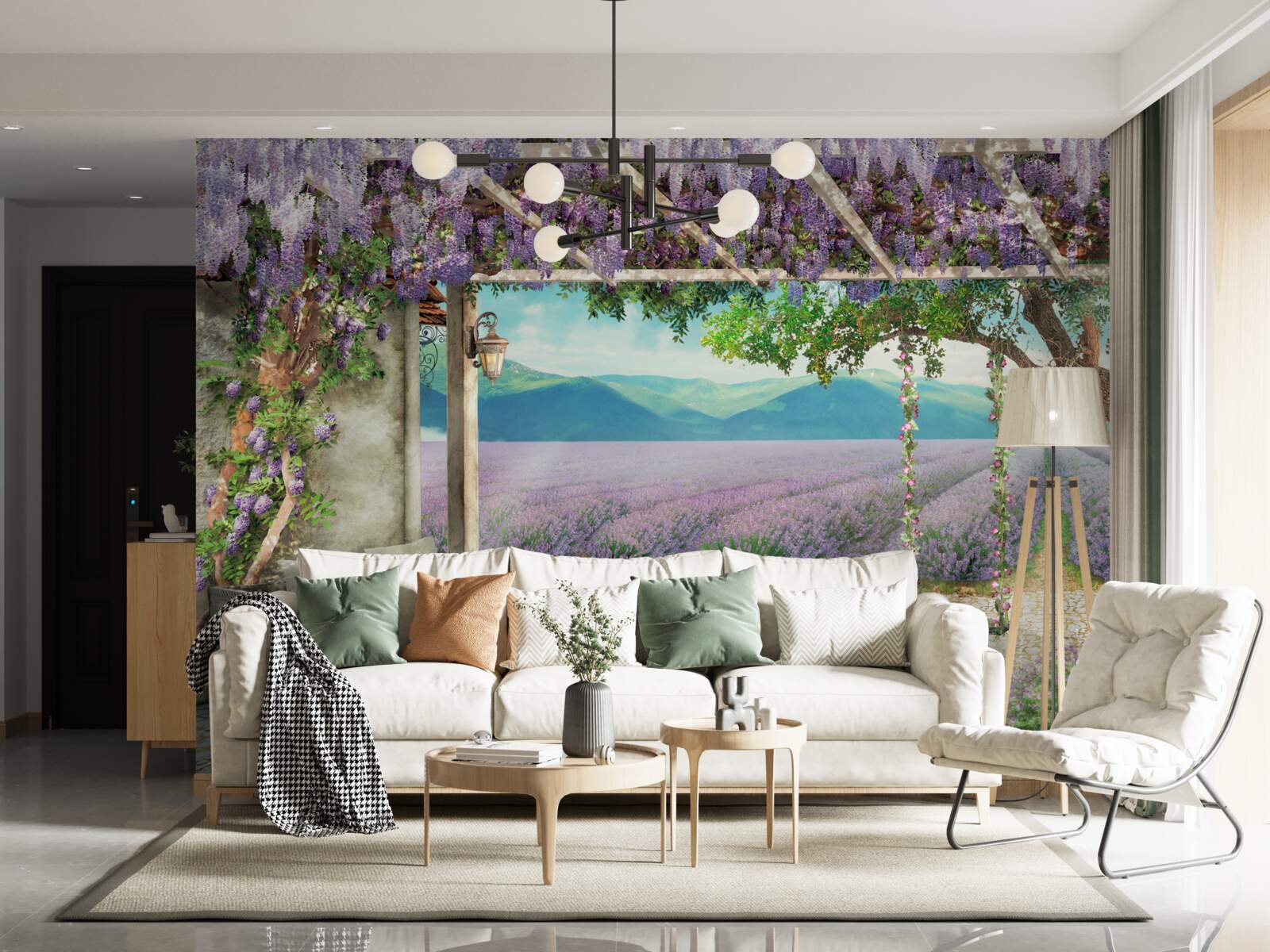 Фотошпалери поруч з лавандовим полем є гойдалка