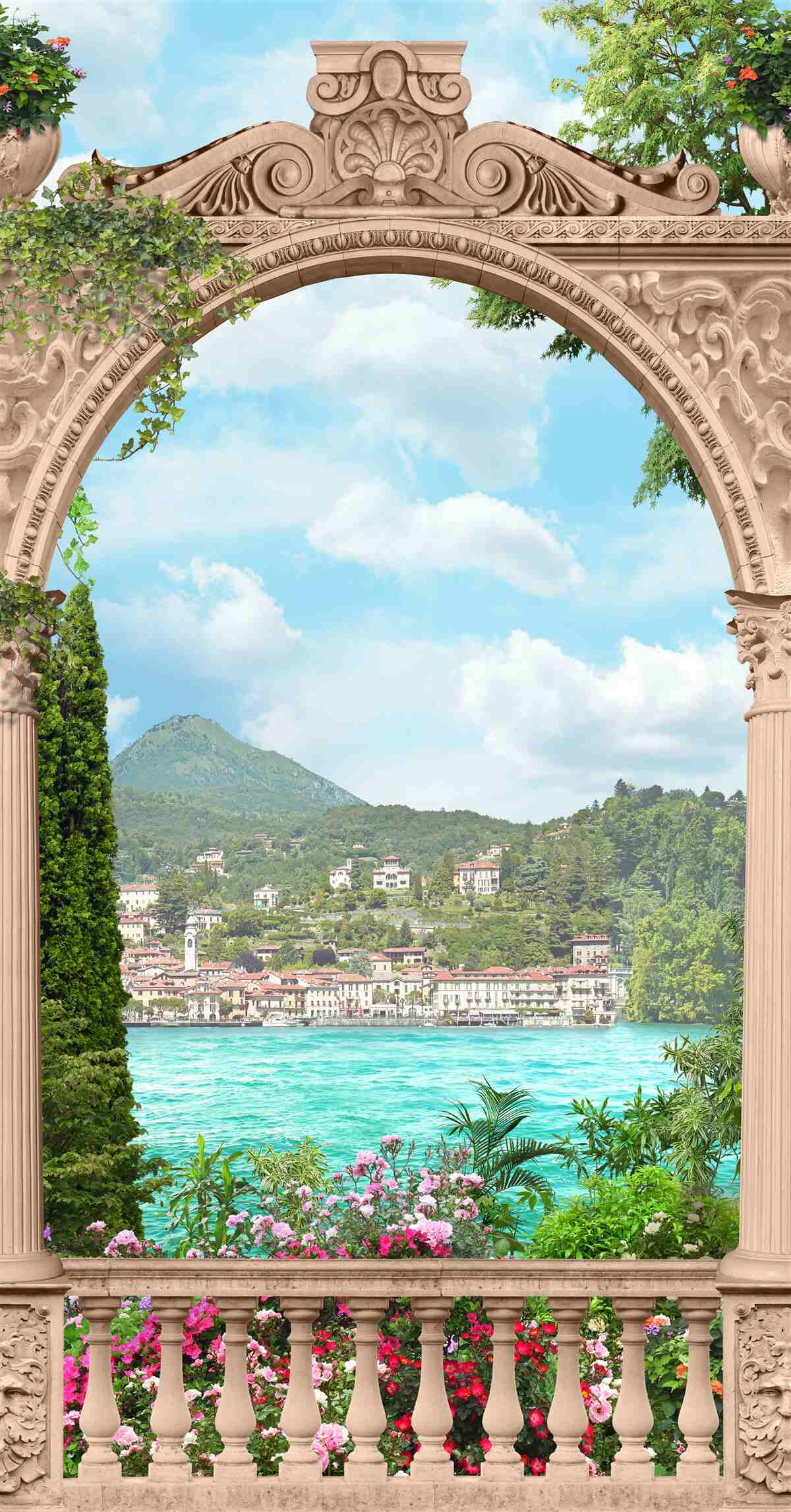 Фотошпалери лоджія з арочним дверним отвором і прекрасним краєвидом