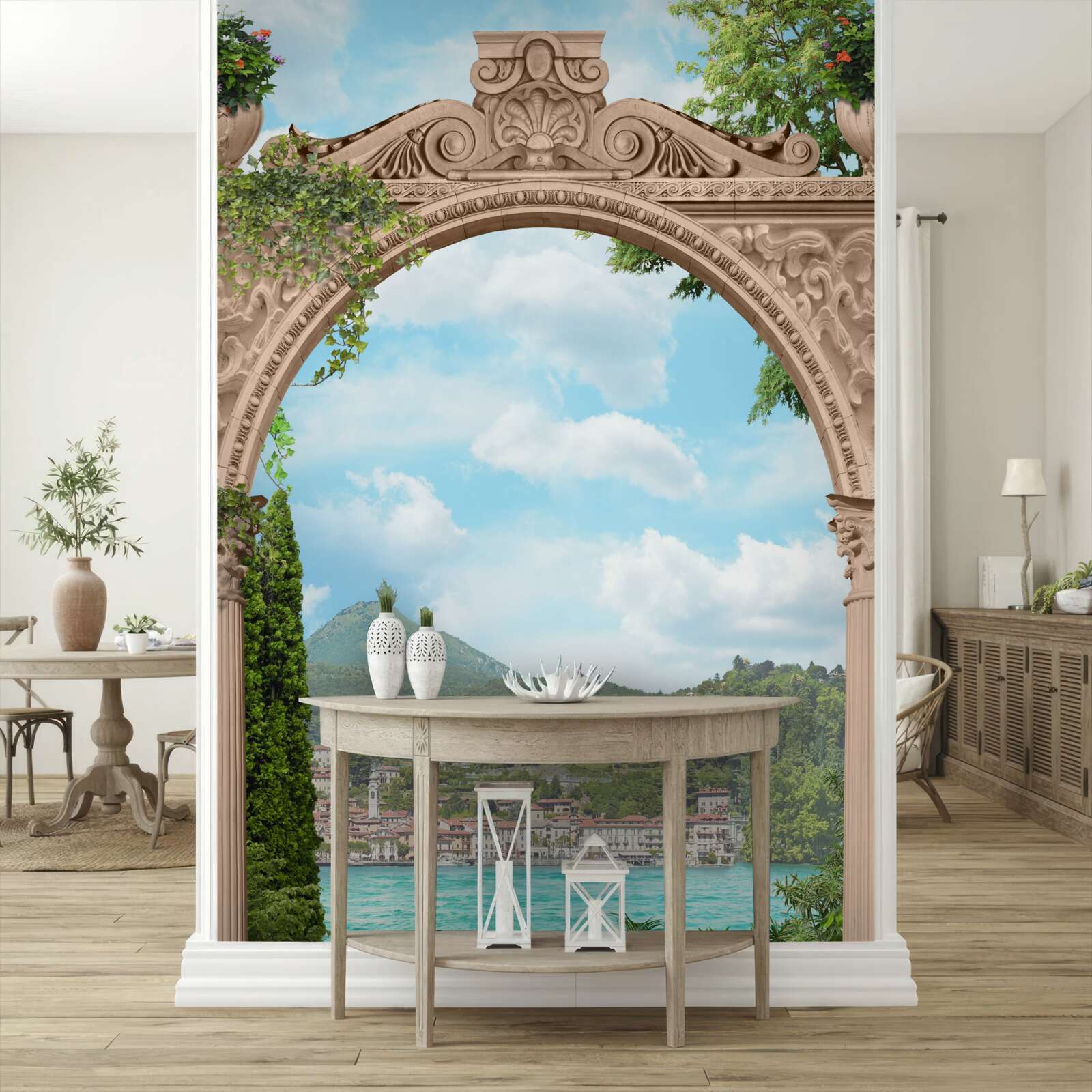 Фотошпалери лоджія з арочним дверним отвором і прекрасним краєвидом