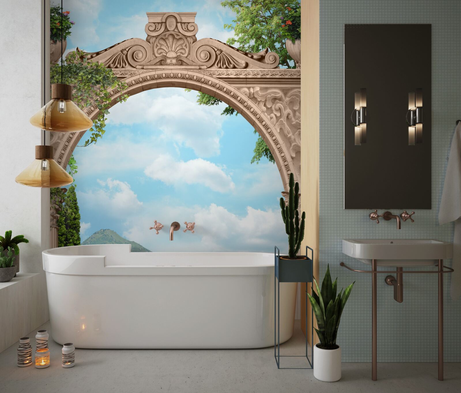 Фотошпалери лоджія з арочним дверним отвором і прекрасним краєвидом