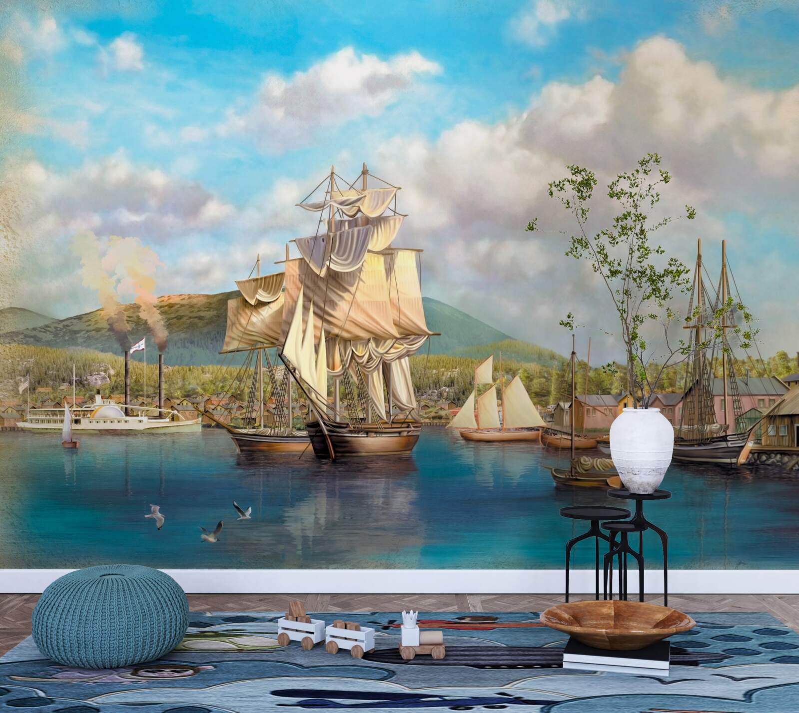 Фотошпалери пришвартовані вітрильники різних розмірів