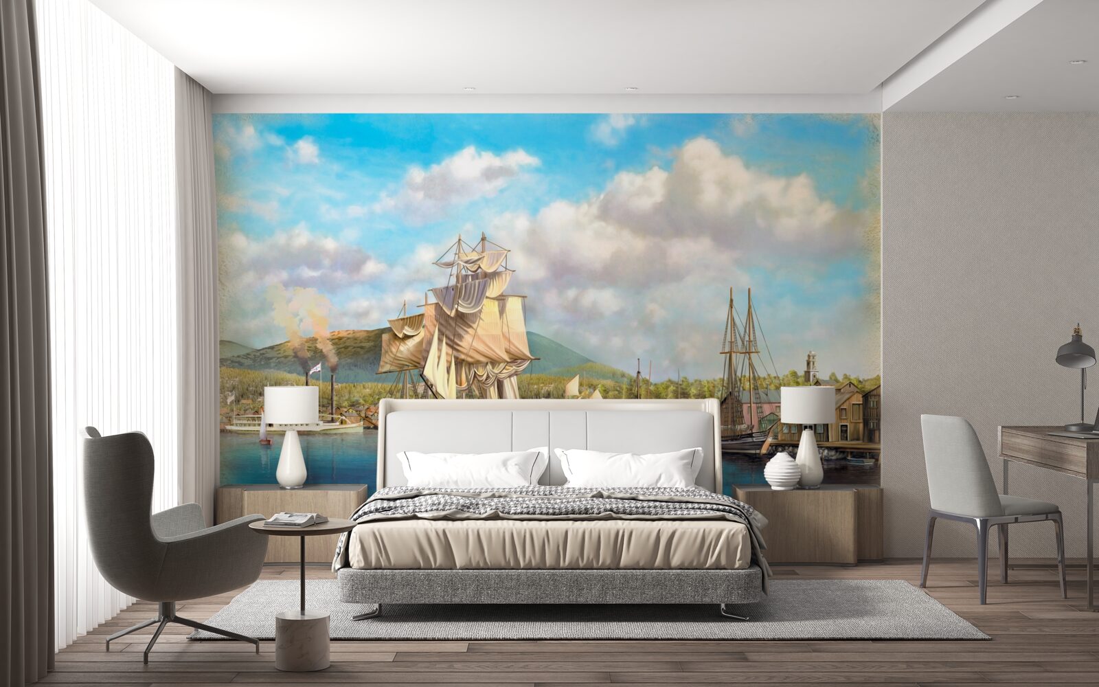 Фотошпалери пришвартовані вітрильники різних розмірів