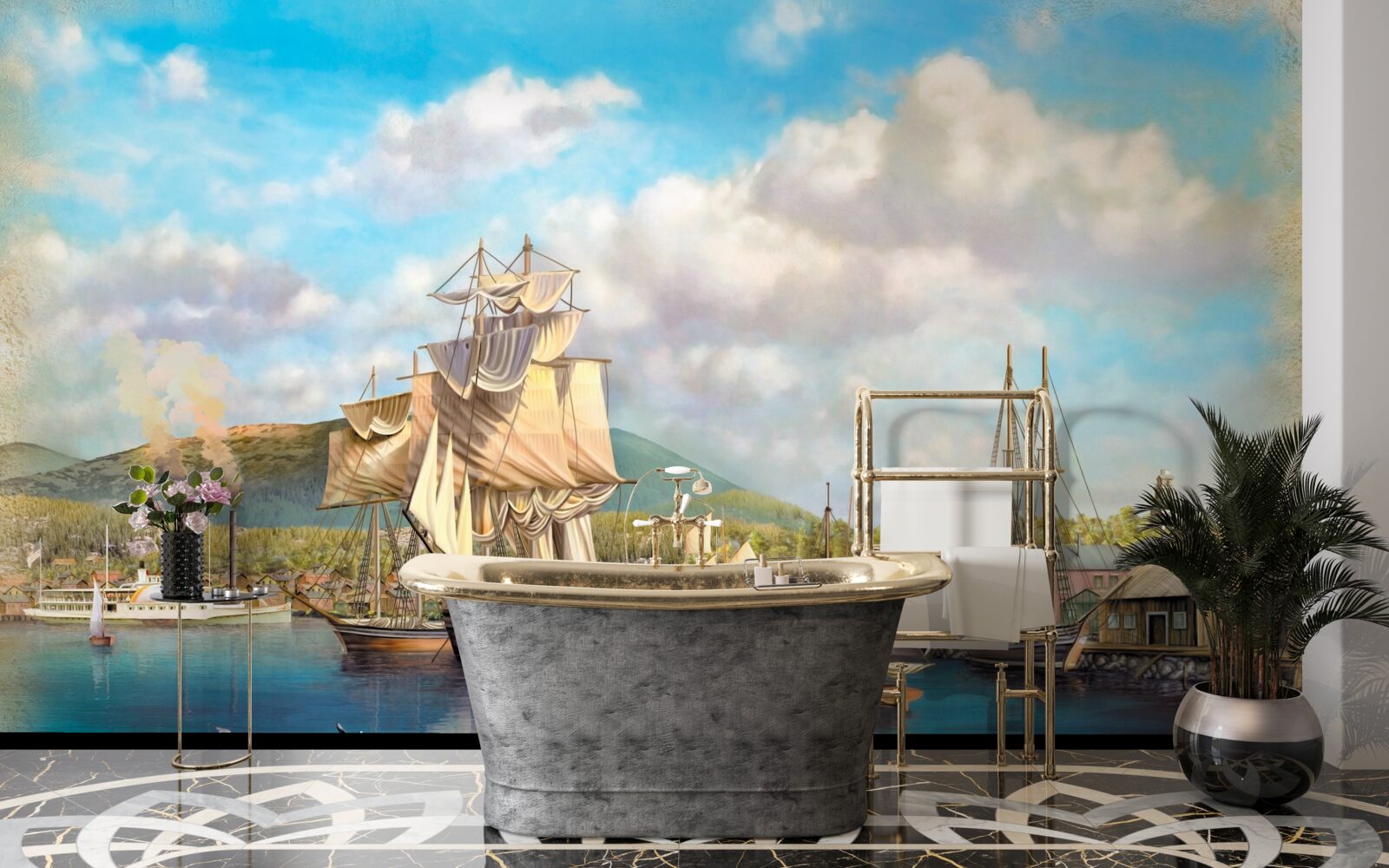 Фотошпалери пришвартовані вітрильники різних розмірів