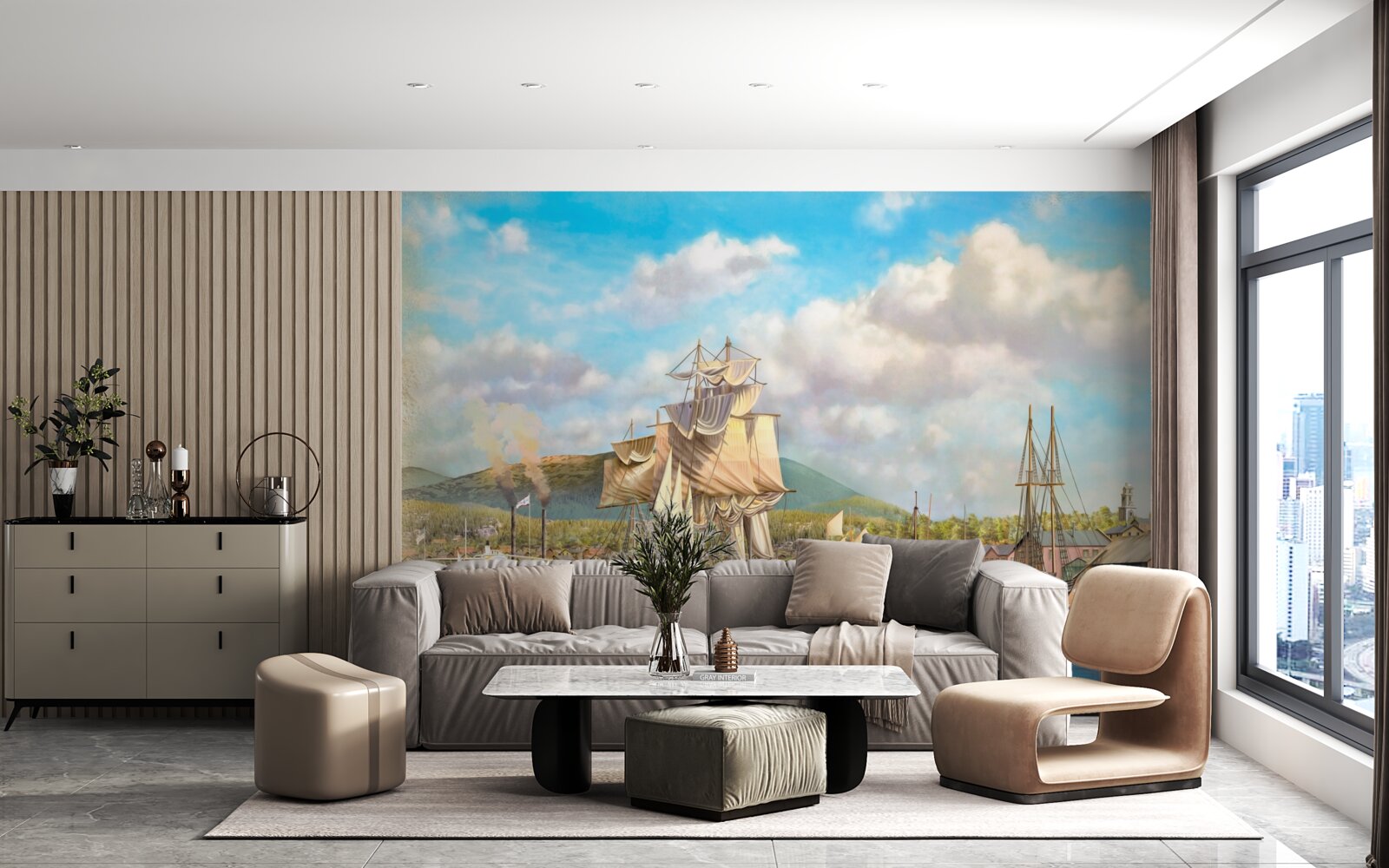 Фотошпалери пришвартовані вітрильники різних розмірів