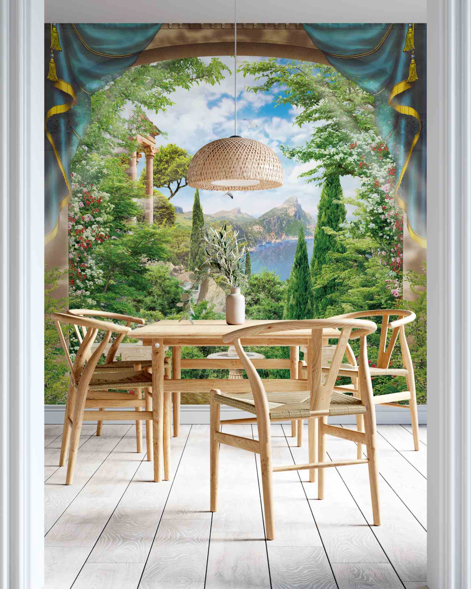 Фотошпалери квітучий сад і фонтан, з якого б'є вода