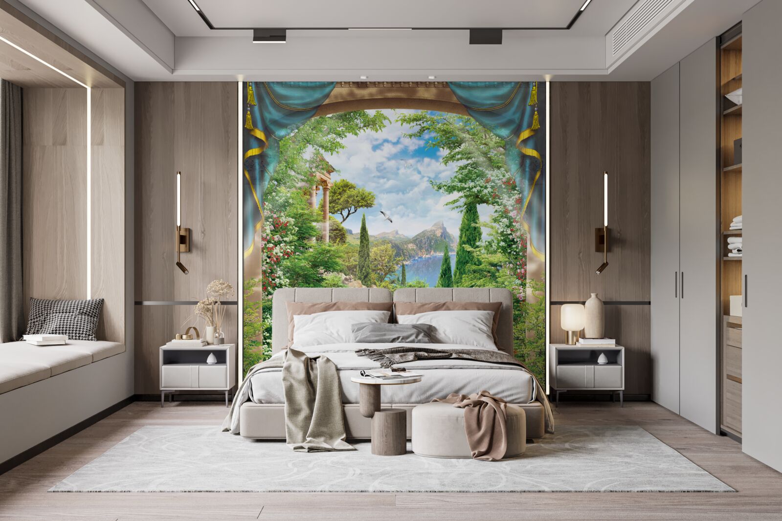 Фотошпалери квітучий сад і фонтан, з якого б'є вода