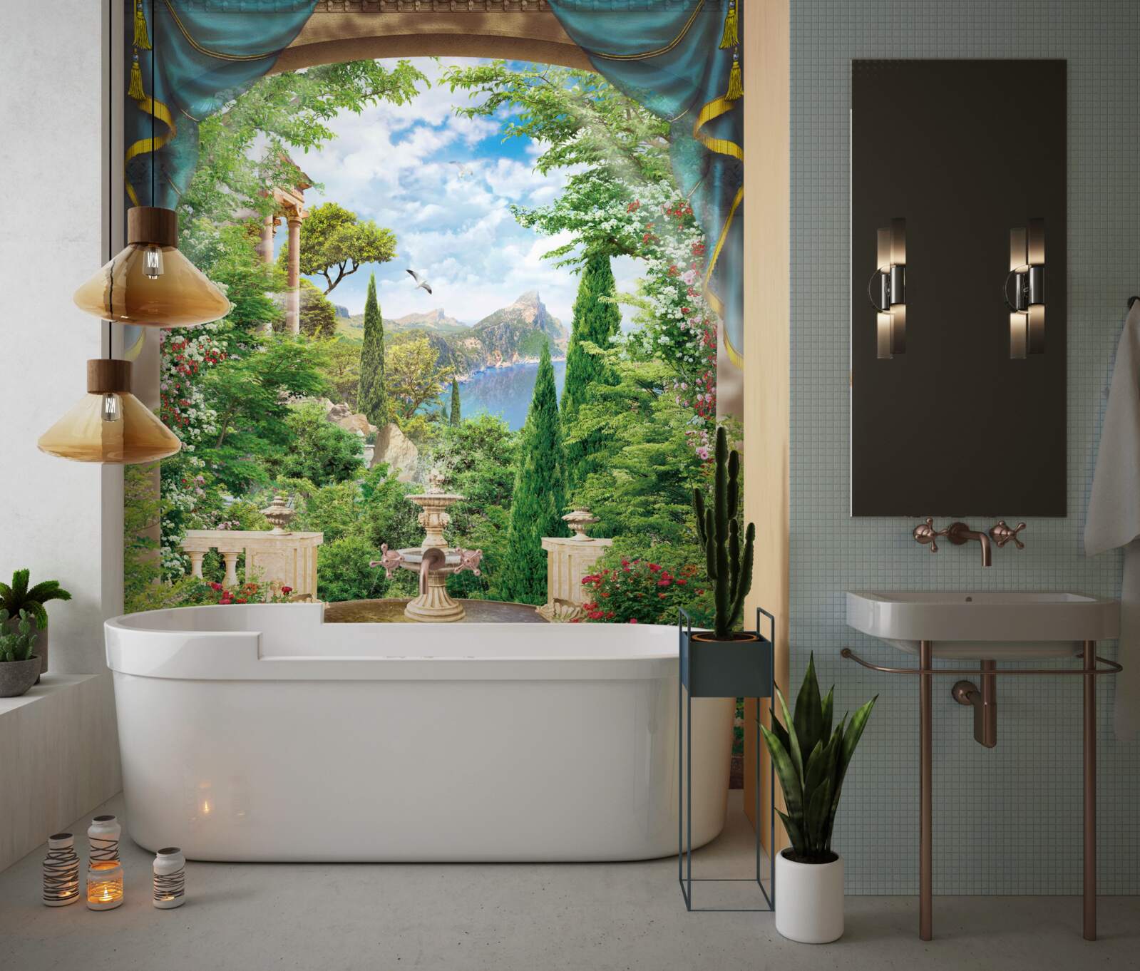 Фотошпалери квітучий сад і фонтан, з якого б'є вода