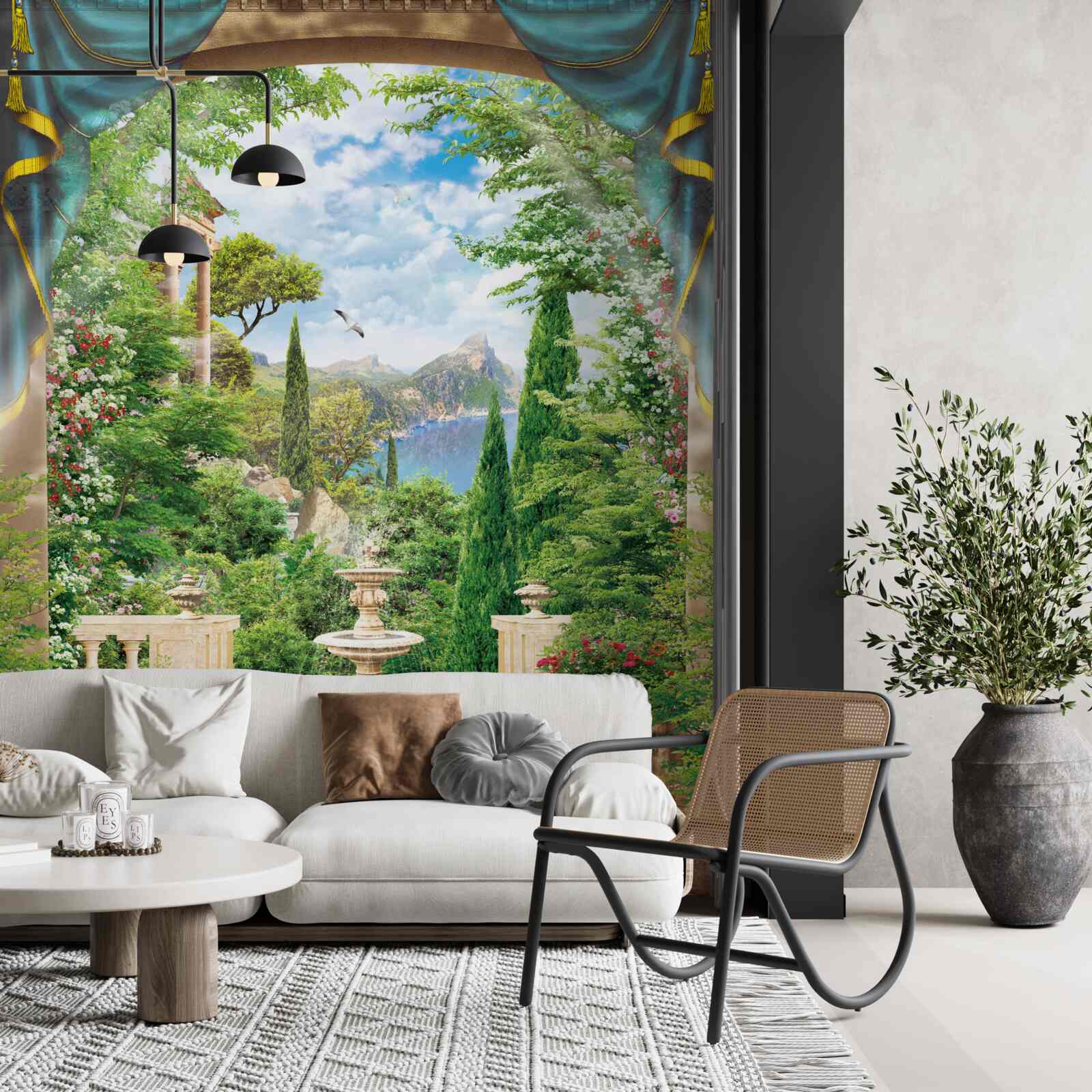 Фотошпалери квітучий сад і фонтан, з якого б'є вода