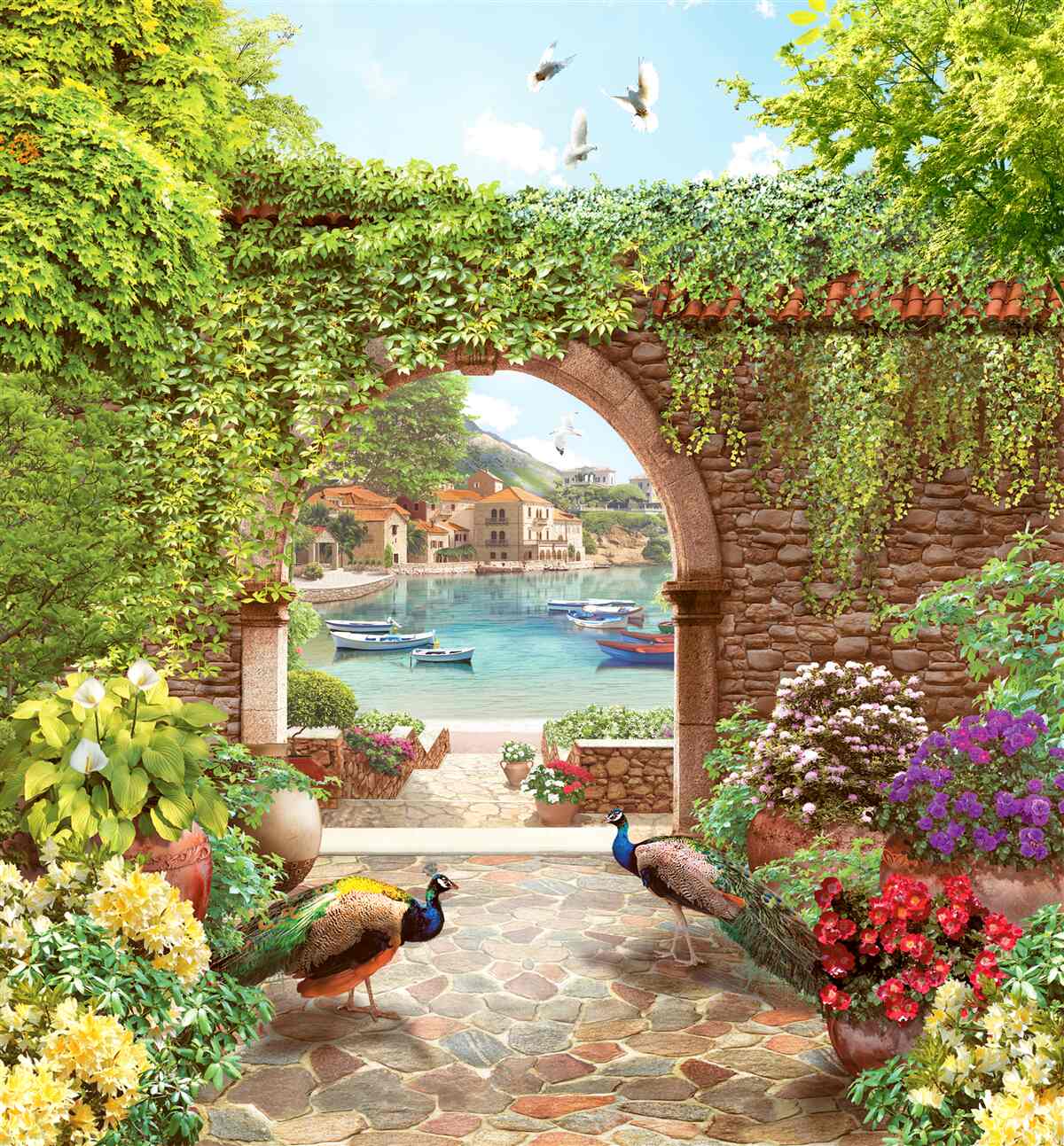 Фотошпалери павичі біля кам'яної арки