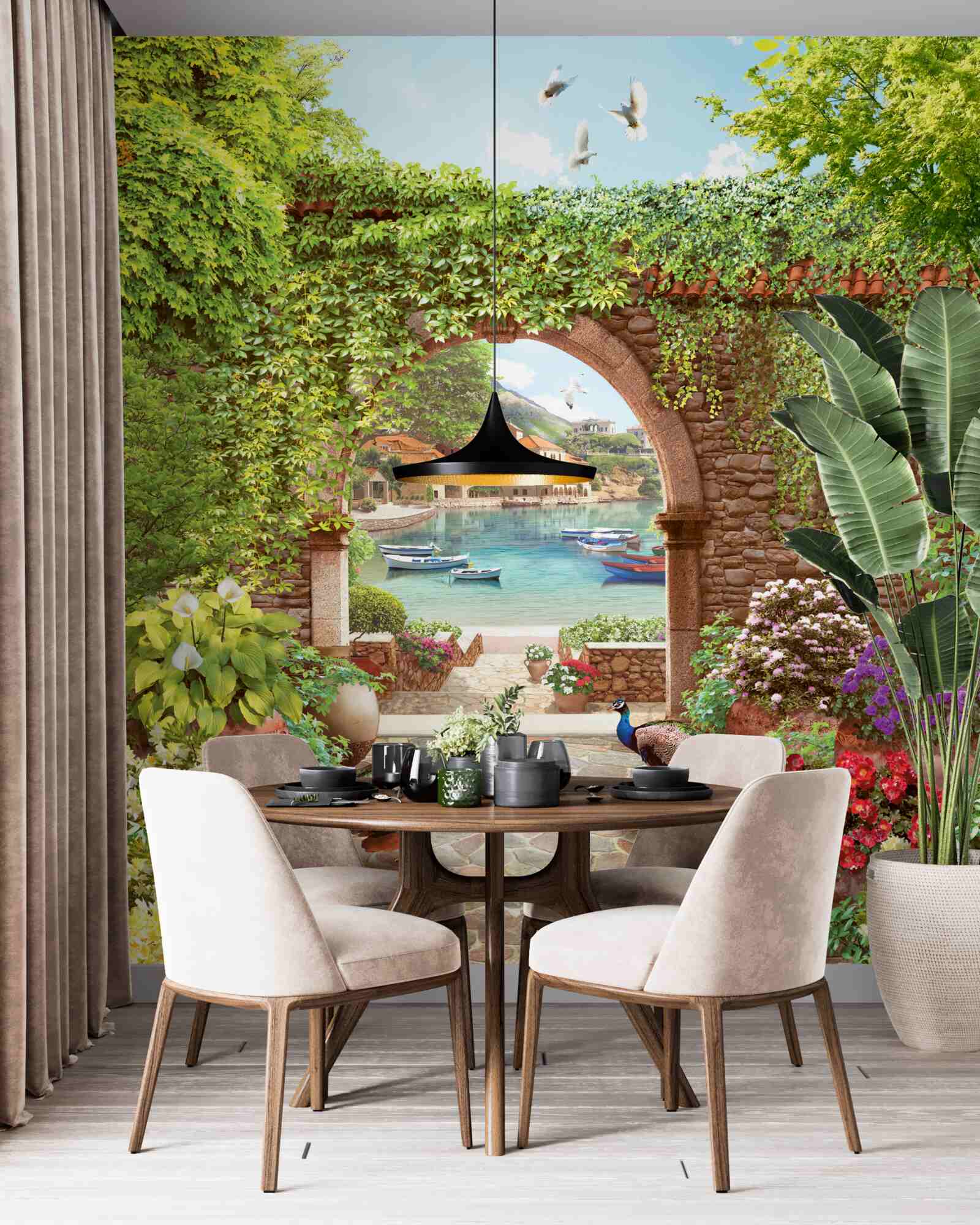 Фотошпалери павичі біля кам'яної арки