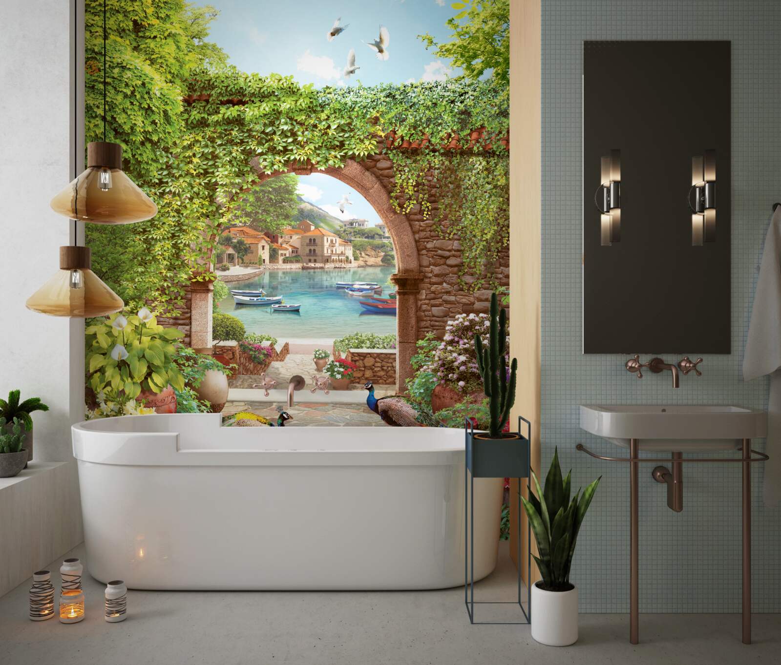 Фотошпалери павичі біля кам'яної арки