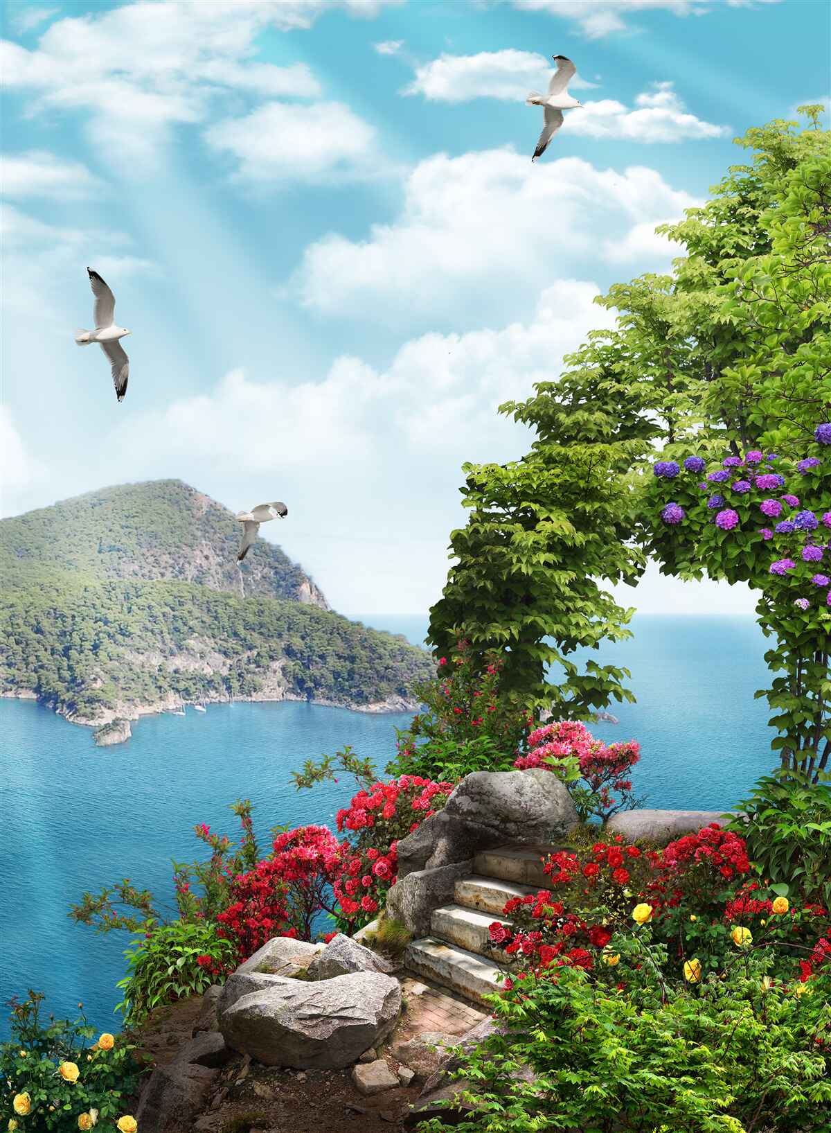 Фотошпалери озеленений сад з панорамним видом на море