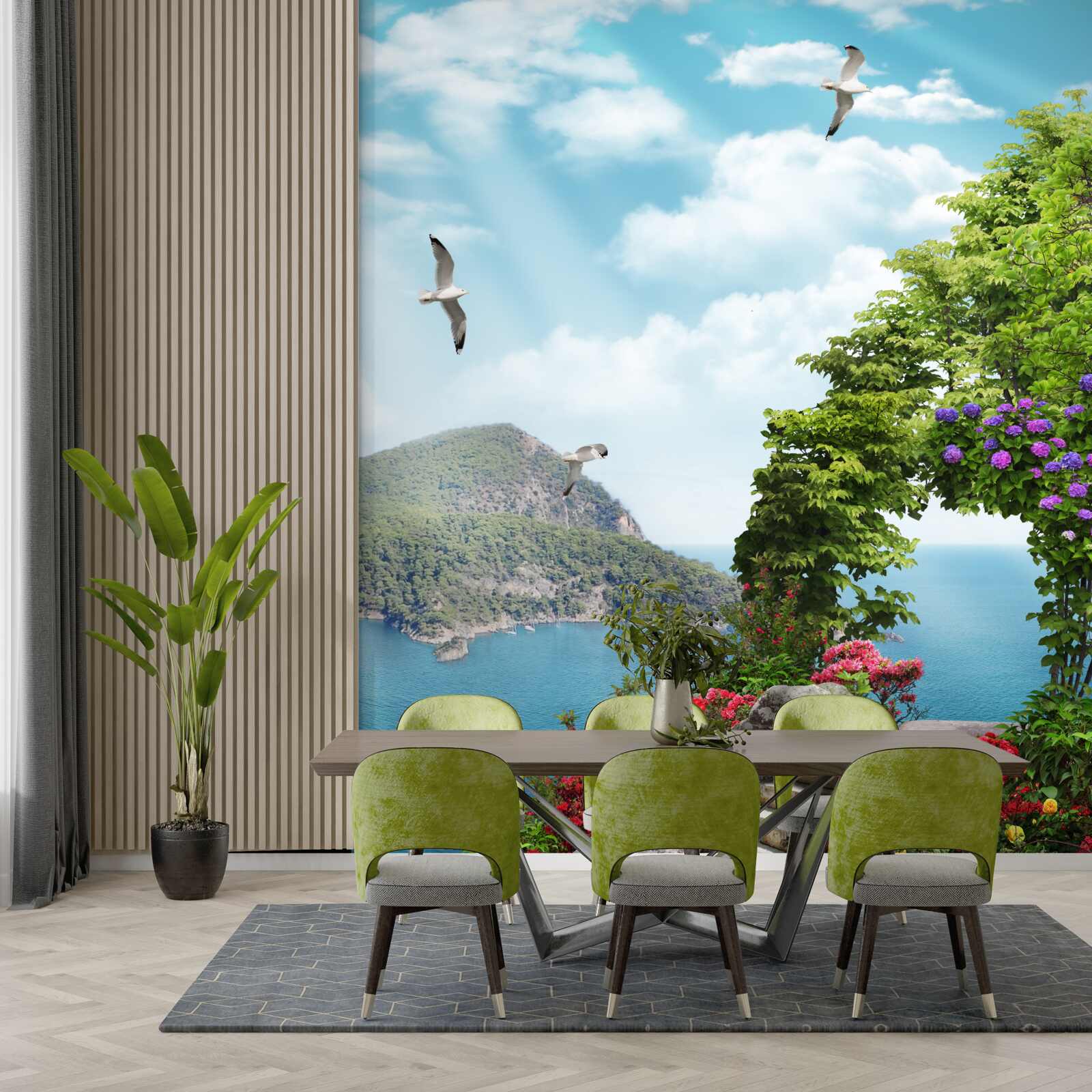 Фотошпалери озеленений сад з панорамним видом на море