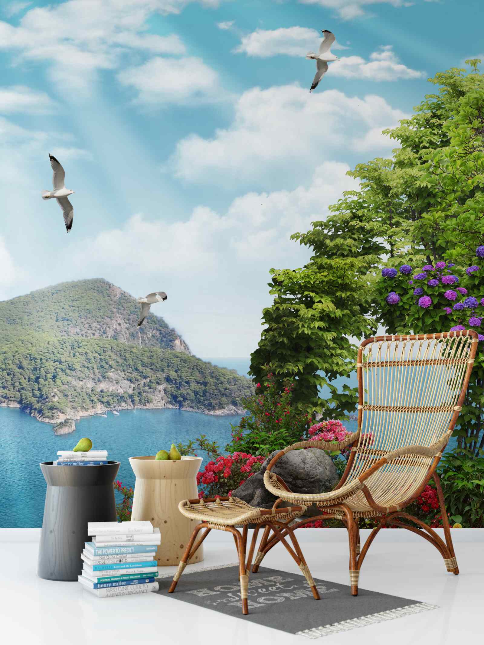 Фотошпалери озеленений сад з панорамним видом на море