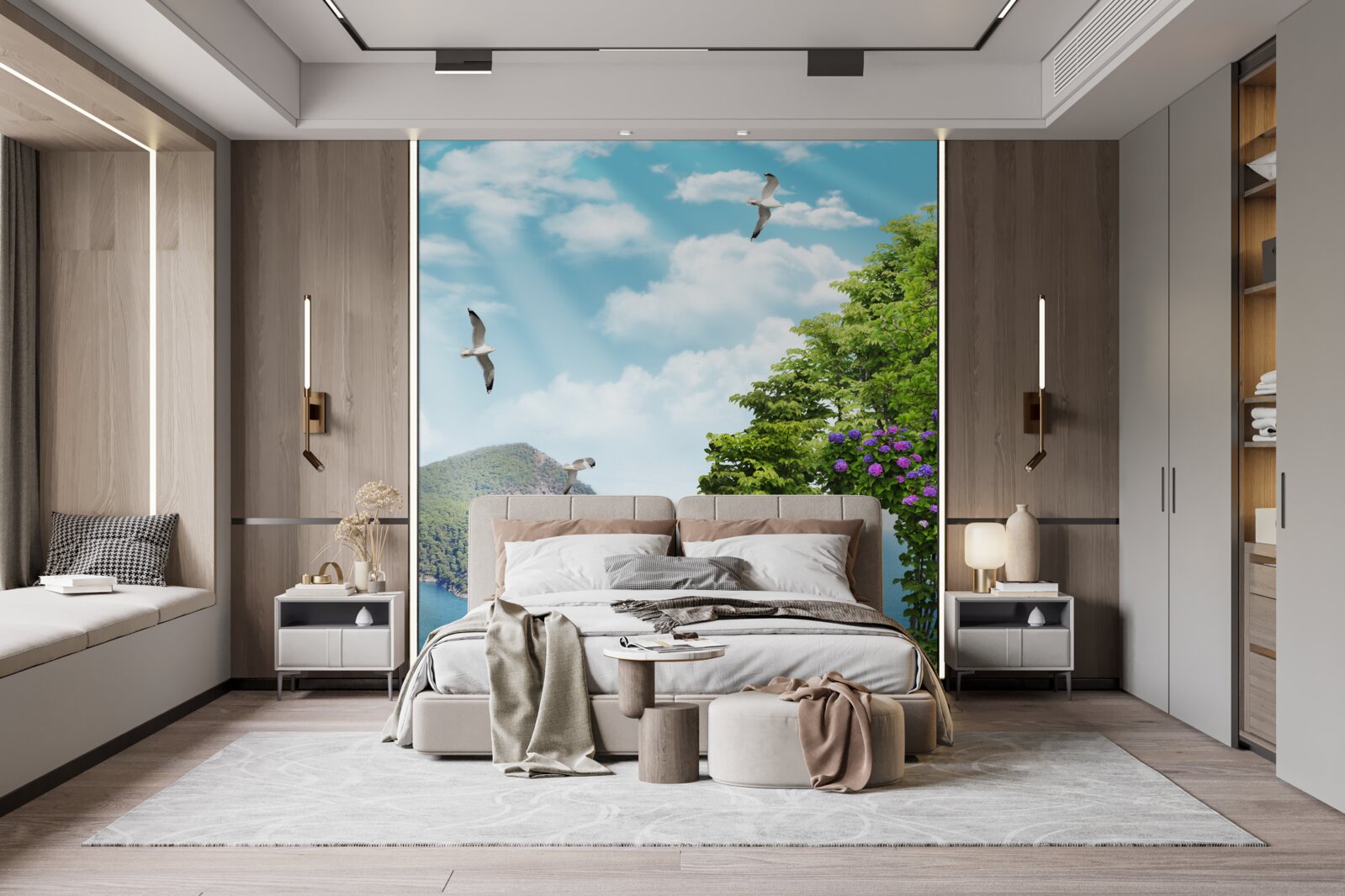 Фотошпалери озеленений сад з панорамним видом на море