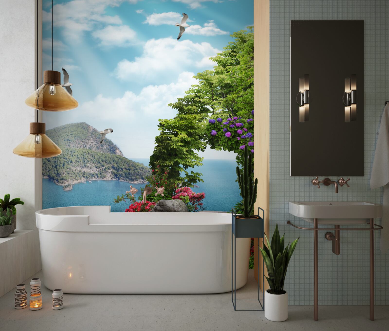 Фотошпалери озеленений сад з панорамним видом на море