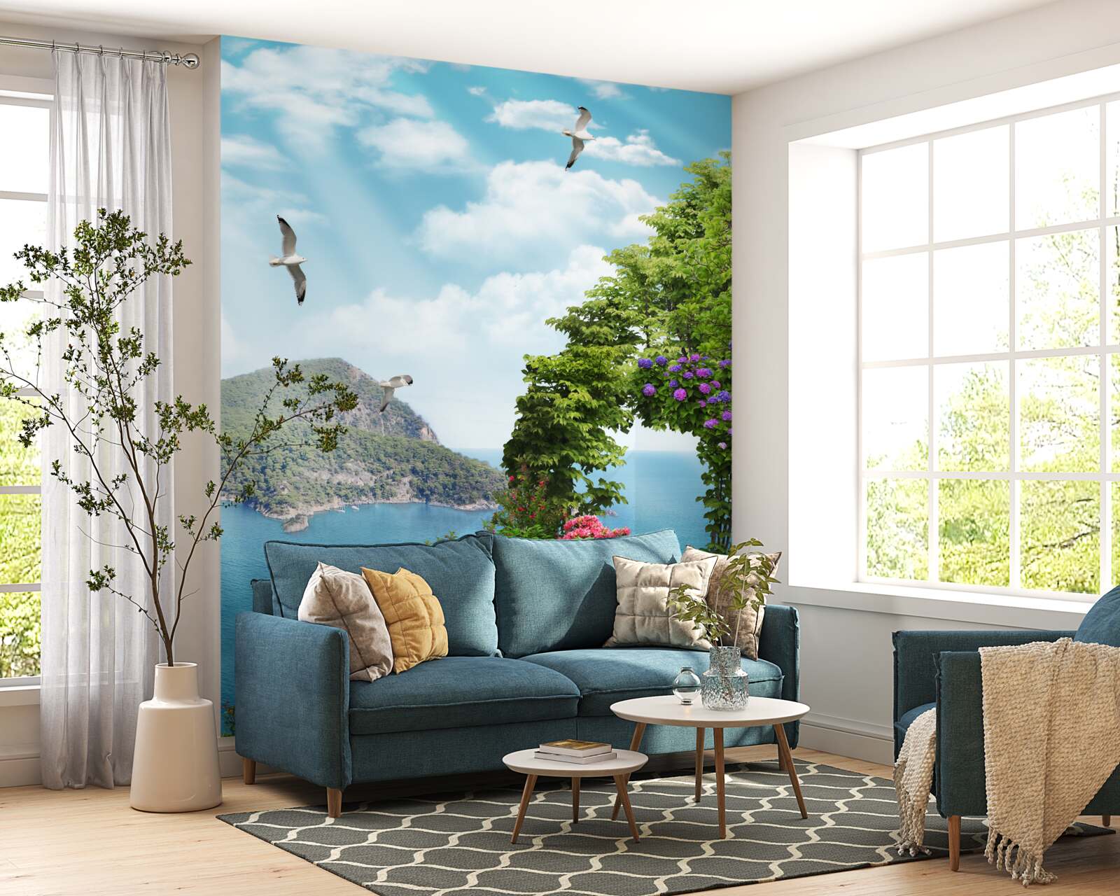 Фотошпалери озеленений сад з панорамним видом на море