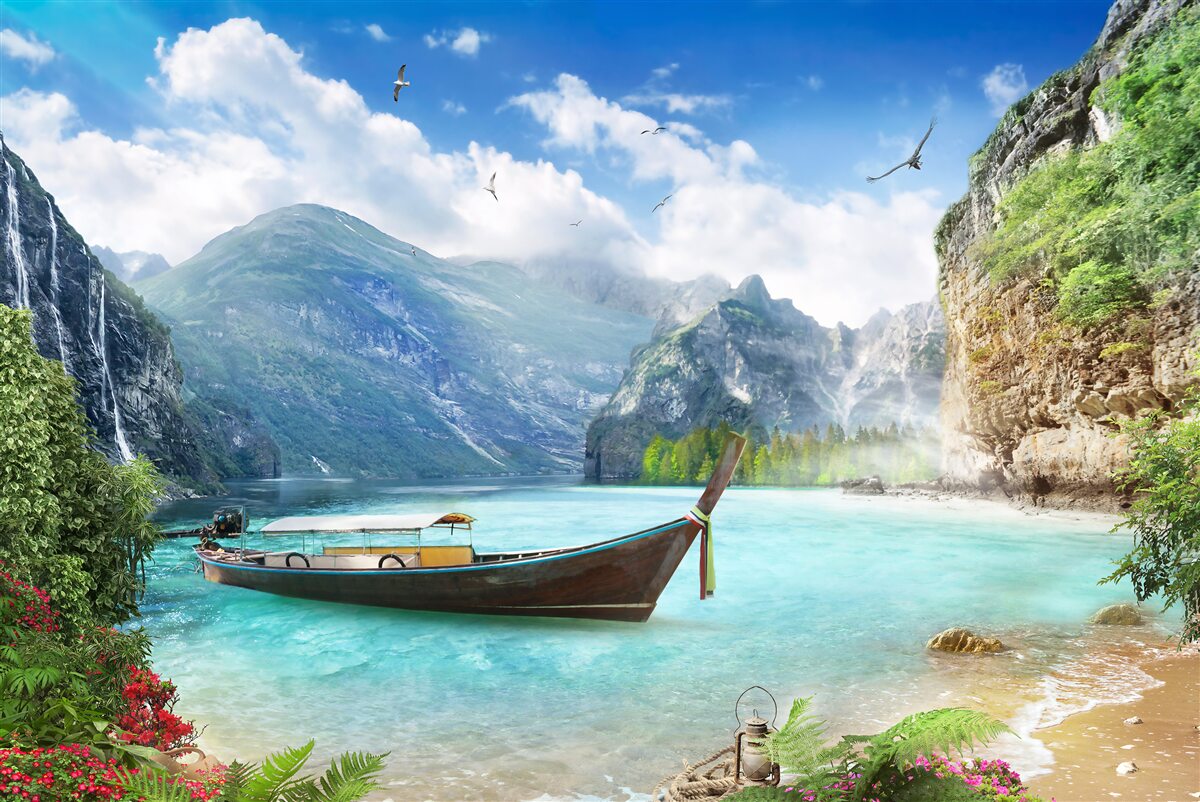 Фотошпалери човен на озері в горах