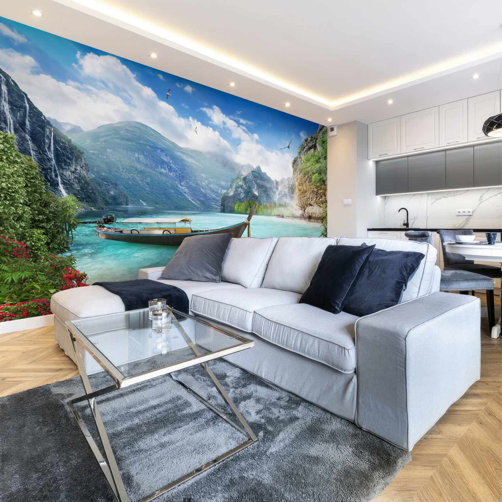 Фотошпалери човен на озері в горах