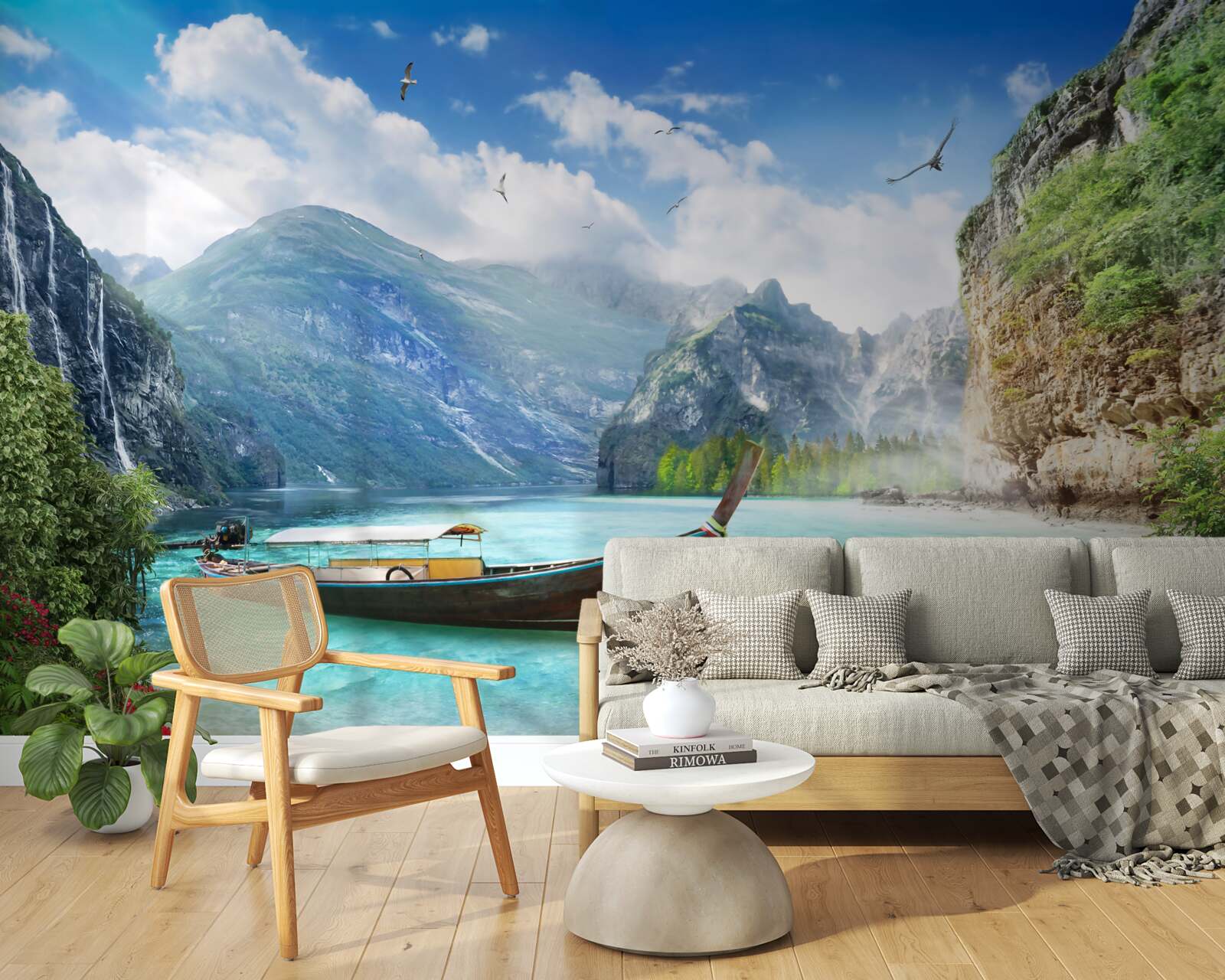 Фотошпалери човен на озері в горах