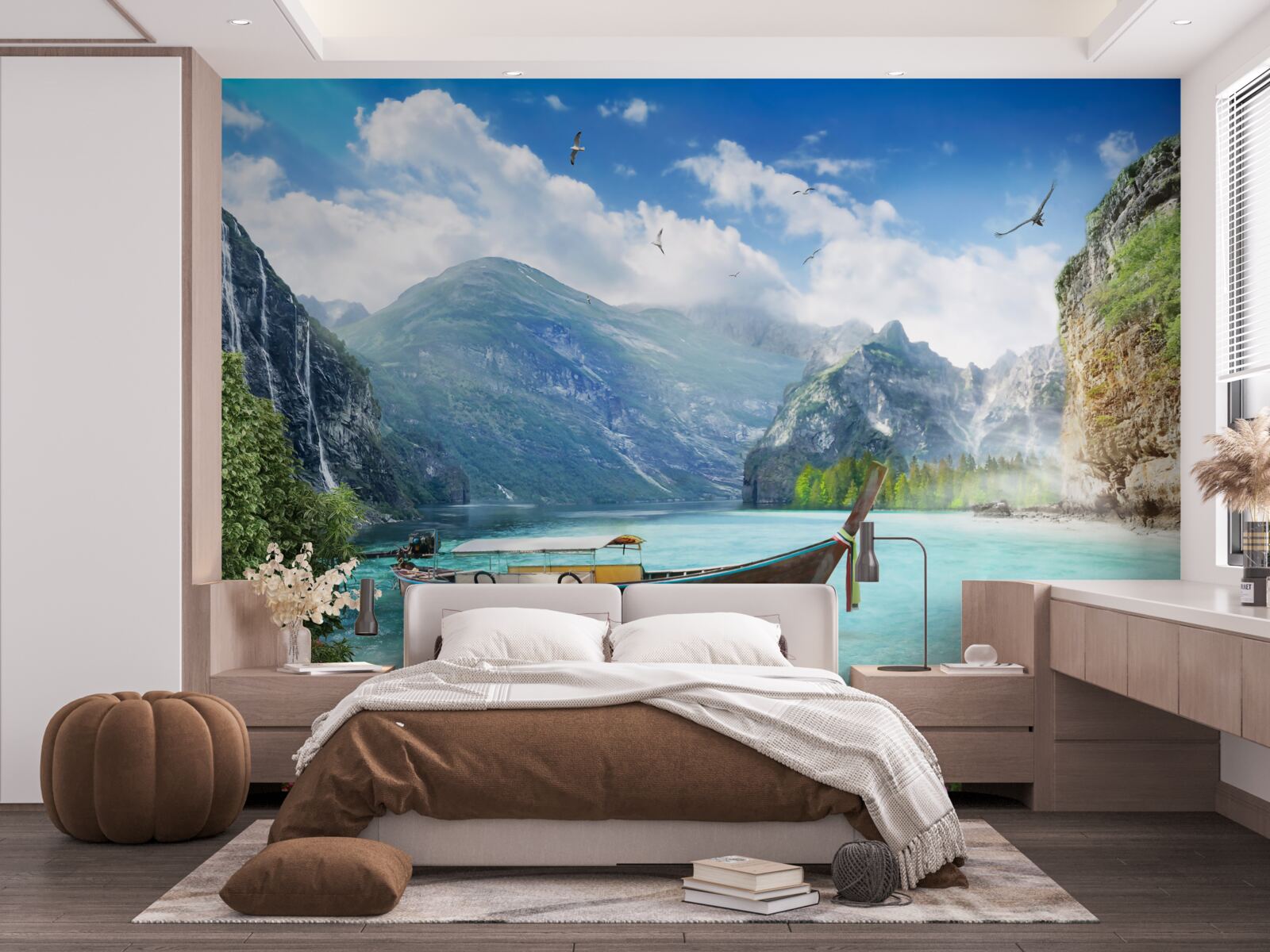 Фотошпалери човен на озері в горах