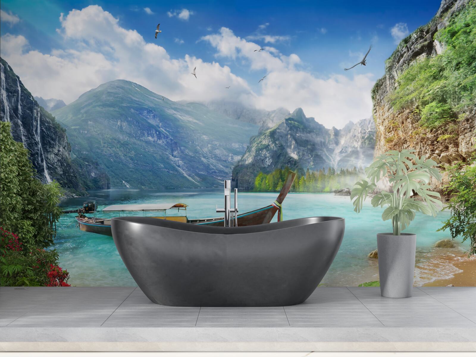 Фотошпалери човен на озері в горах