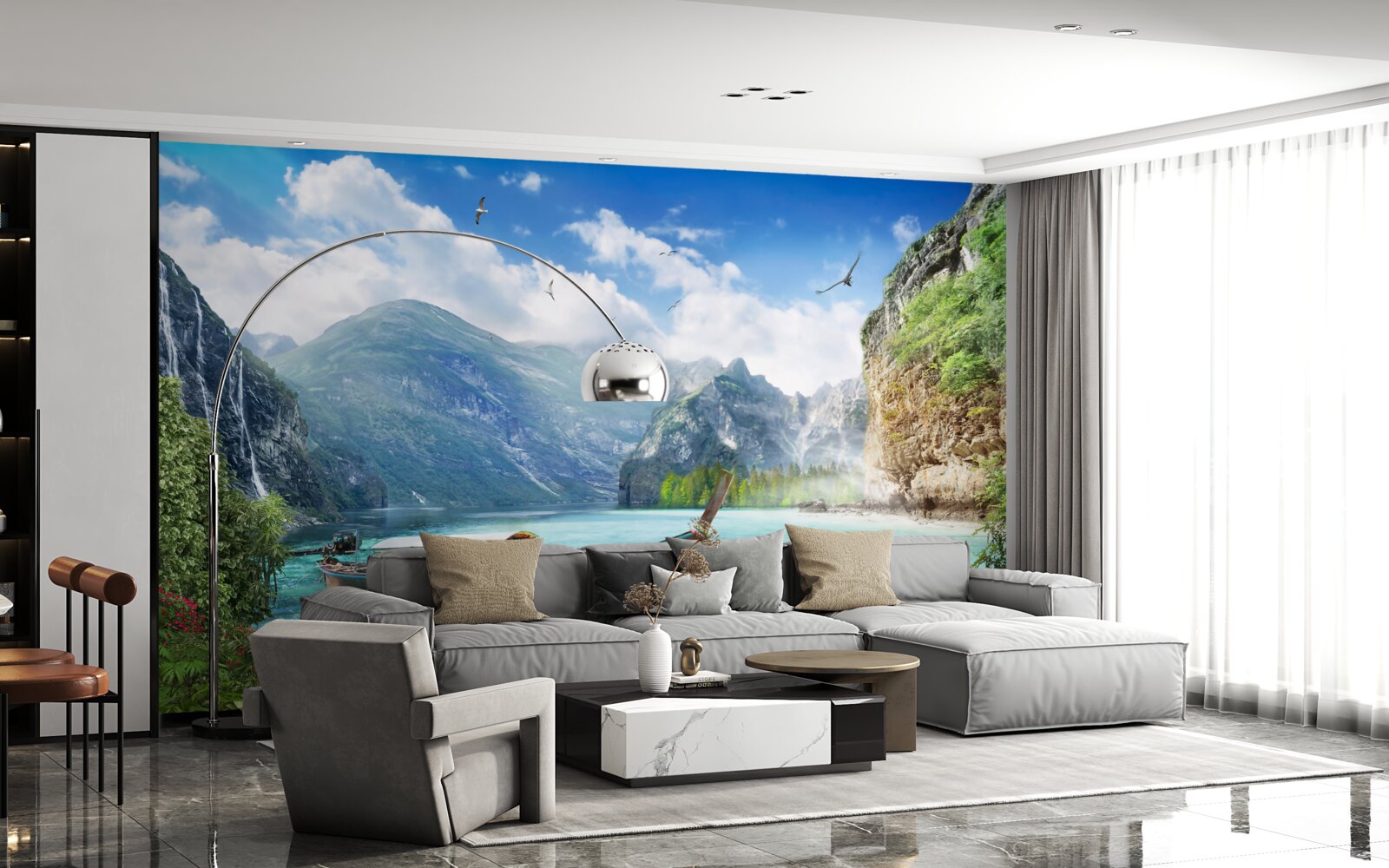 Фотошпалери човен на озері в горах