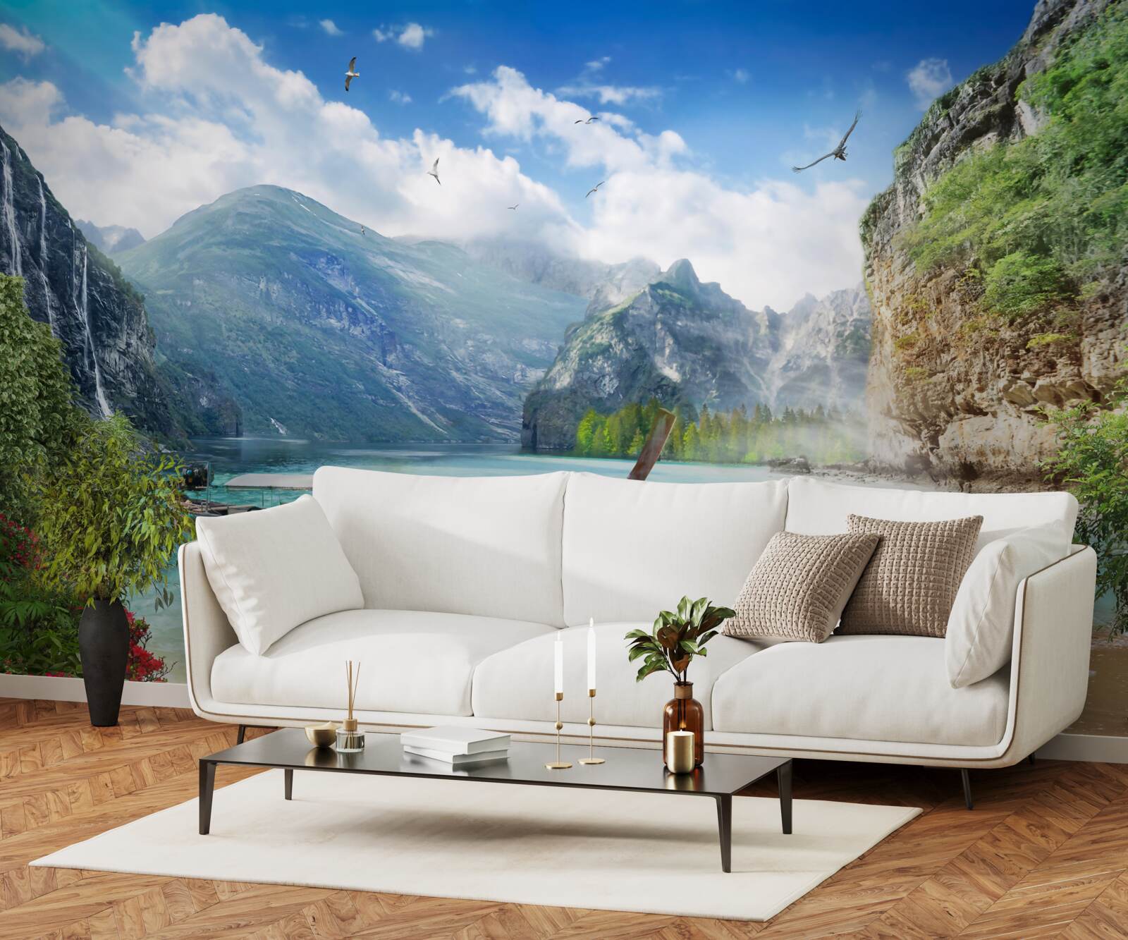 Фотошпалери човен на озері в горах