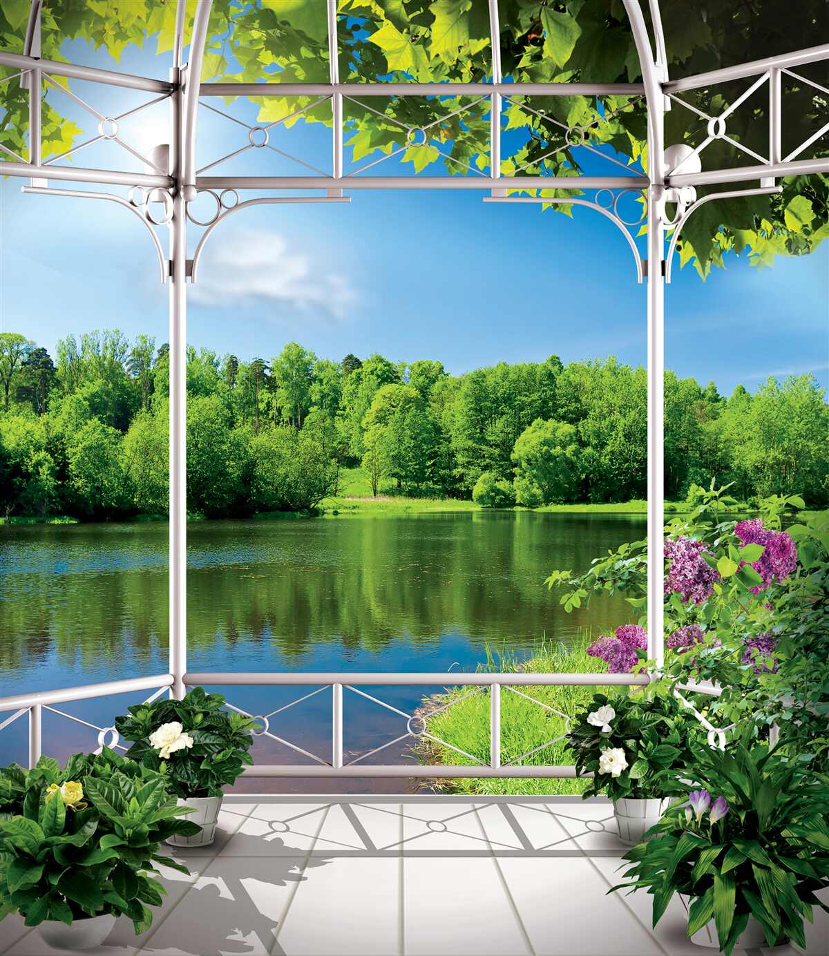 Фотошпалери альтанка з рослинами біля ставка