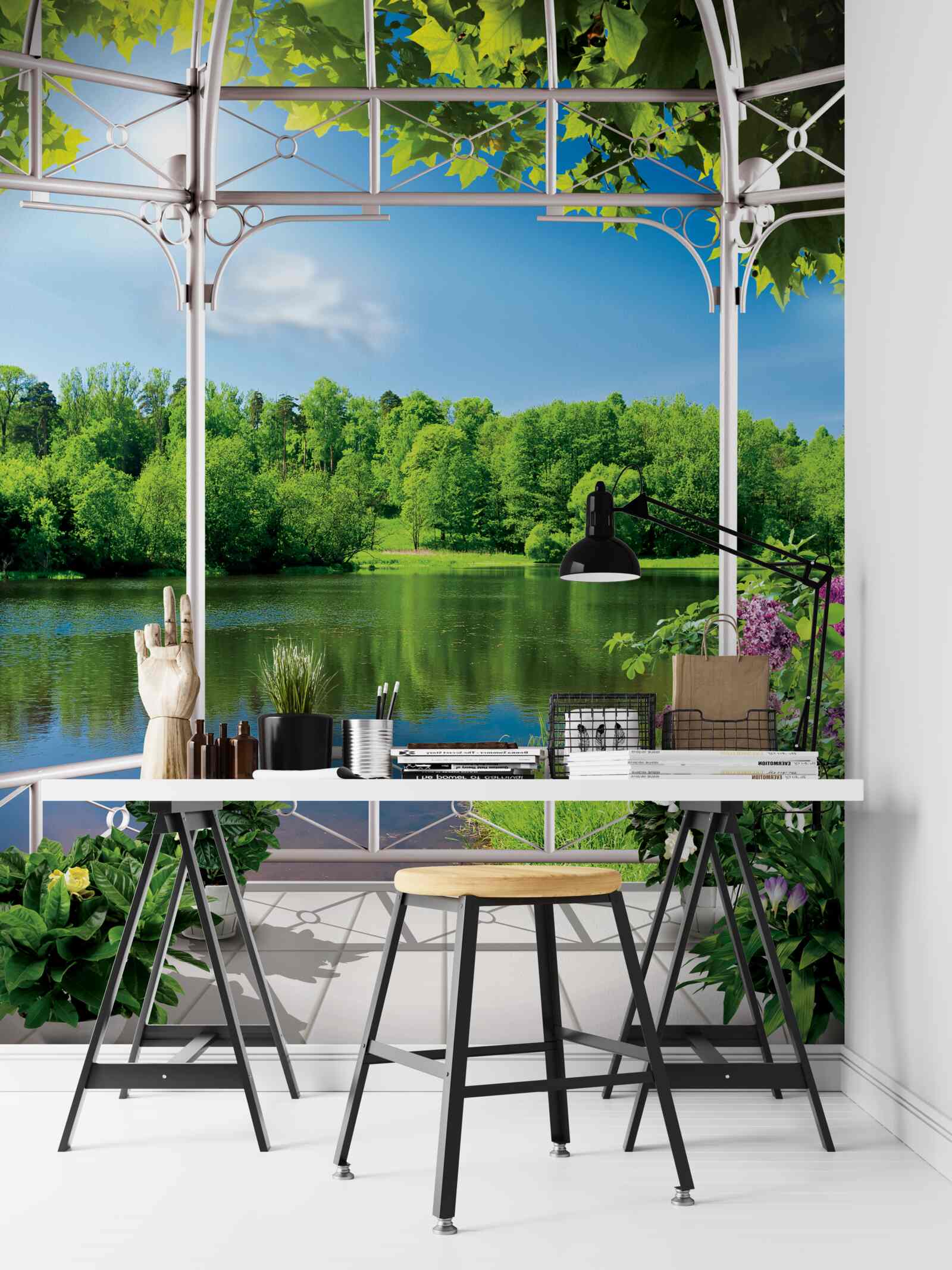 Фотошпалери альтанка з рослинами біля ставка