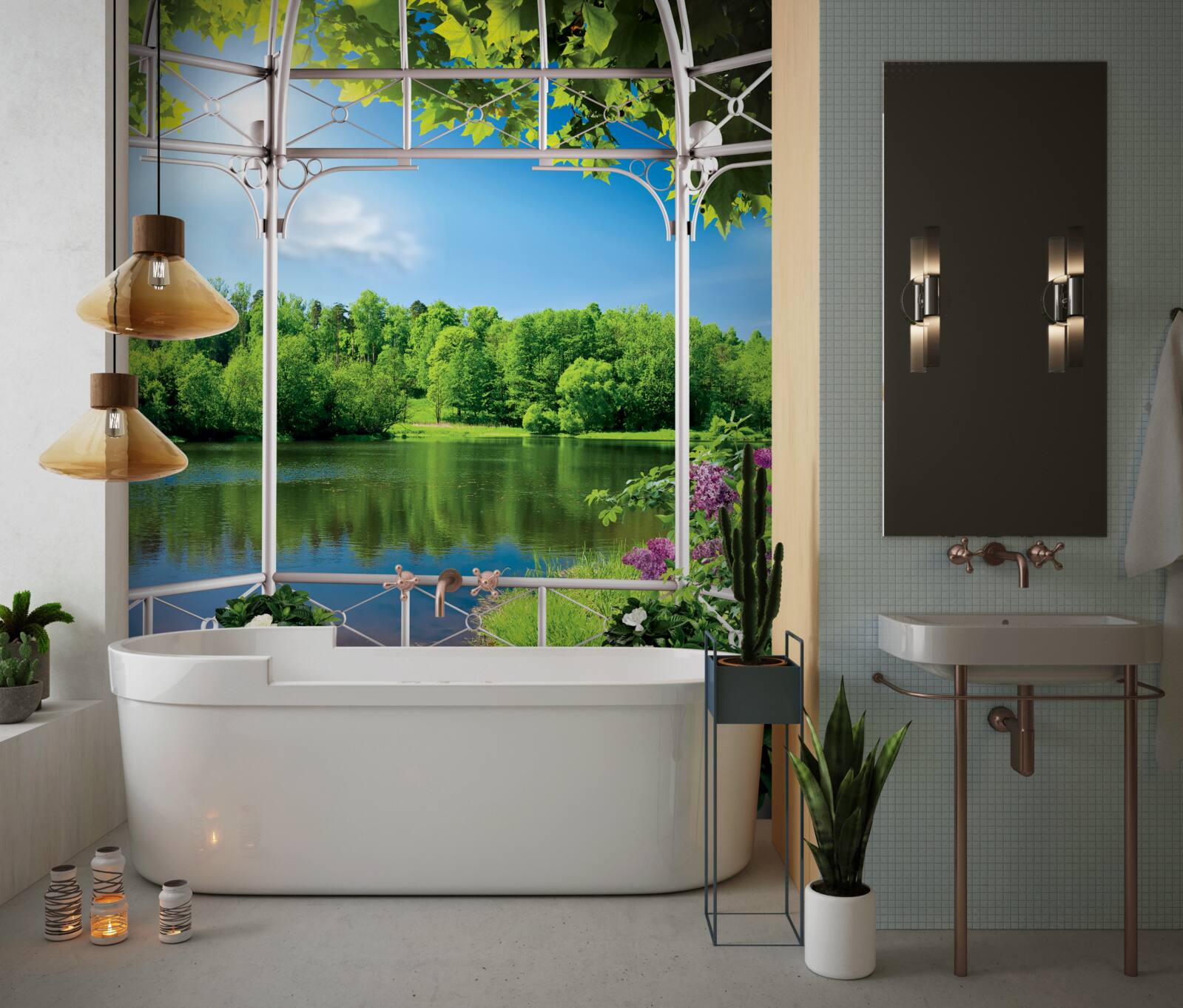 Фотошпалери альтанка з рослинами біля ставка