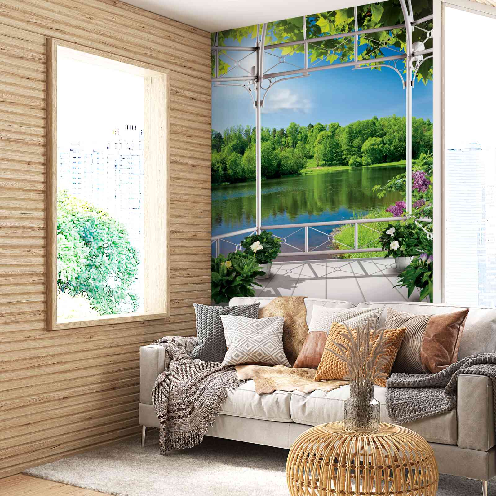 Фотошпалери альтанка з рослинами біля ставка