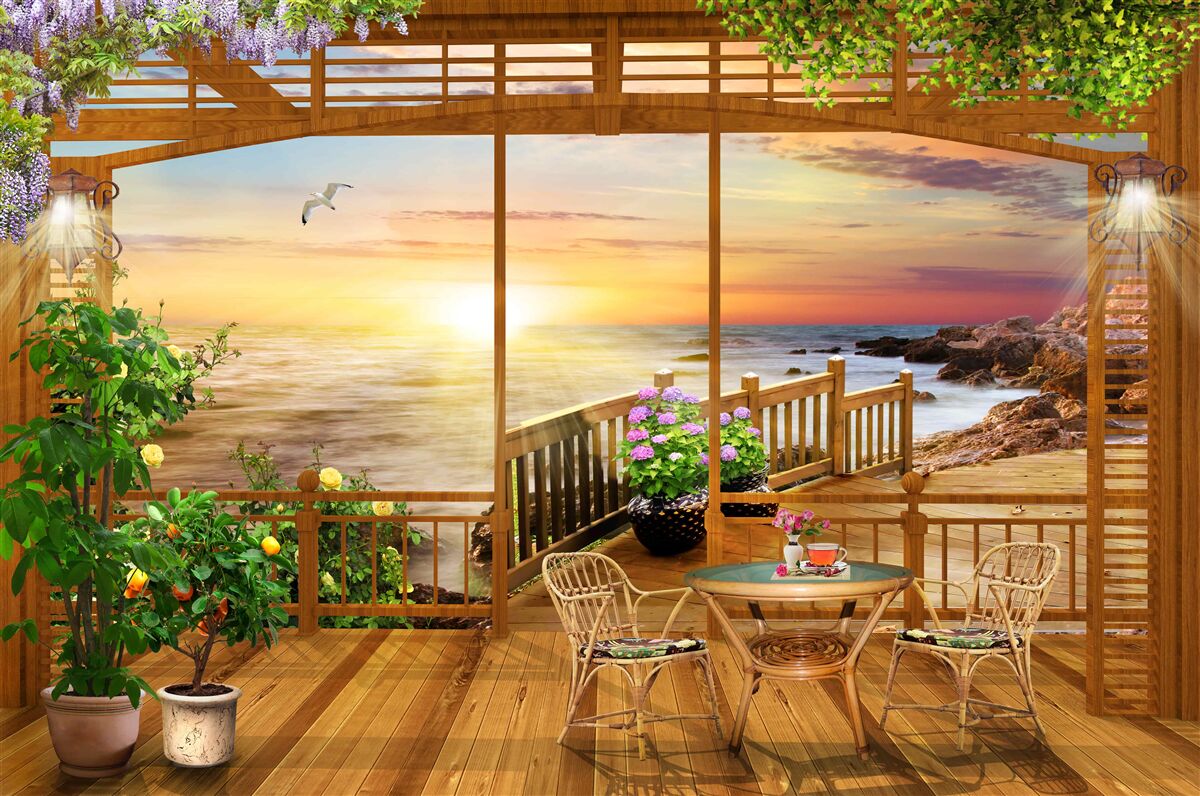 Фотошпалери тераса з видом на море
