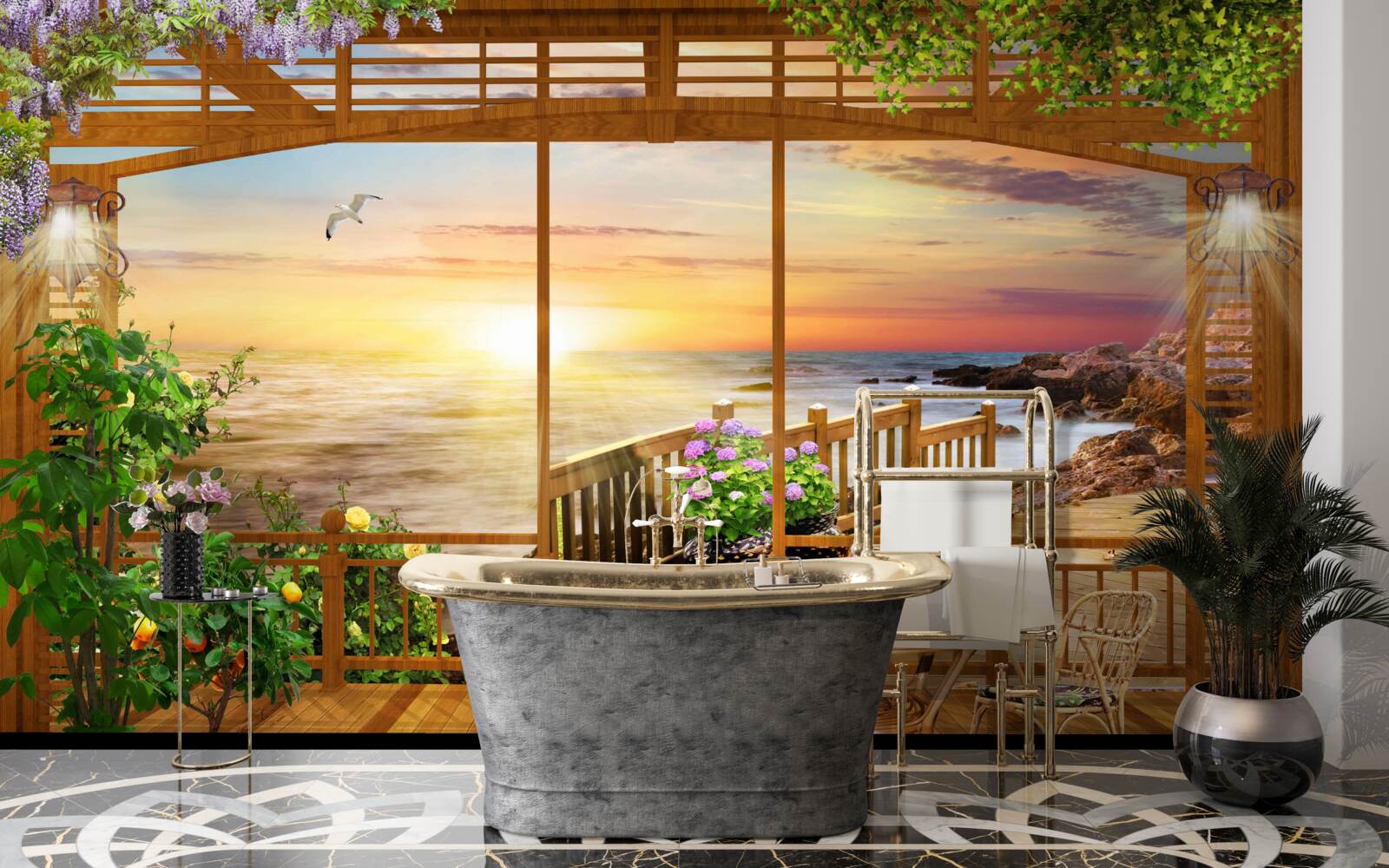 Фотошпалери тераса з видом на море