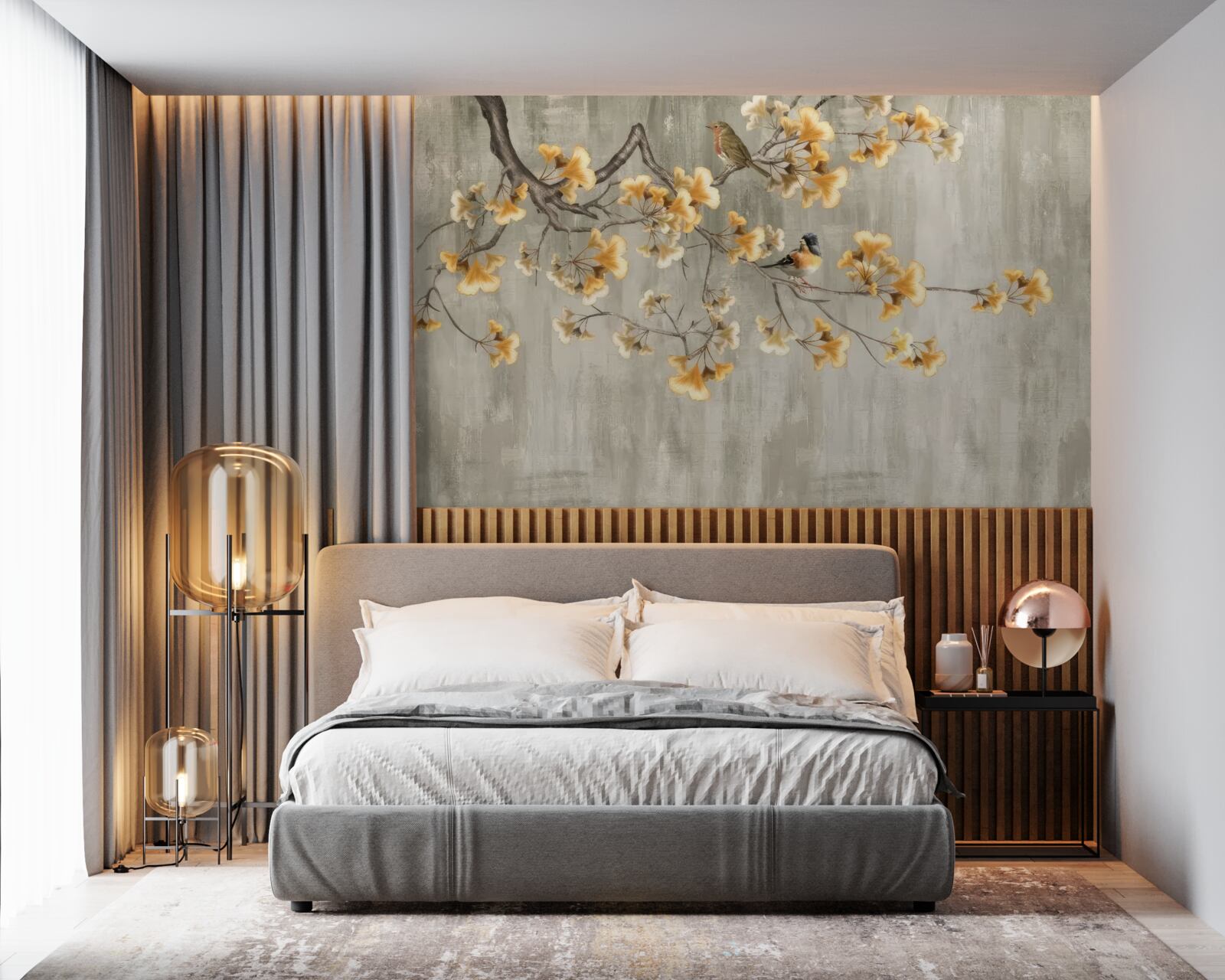 Фотошпалери птахи влаштувалися на гілці з жовтими квітами