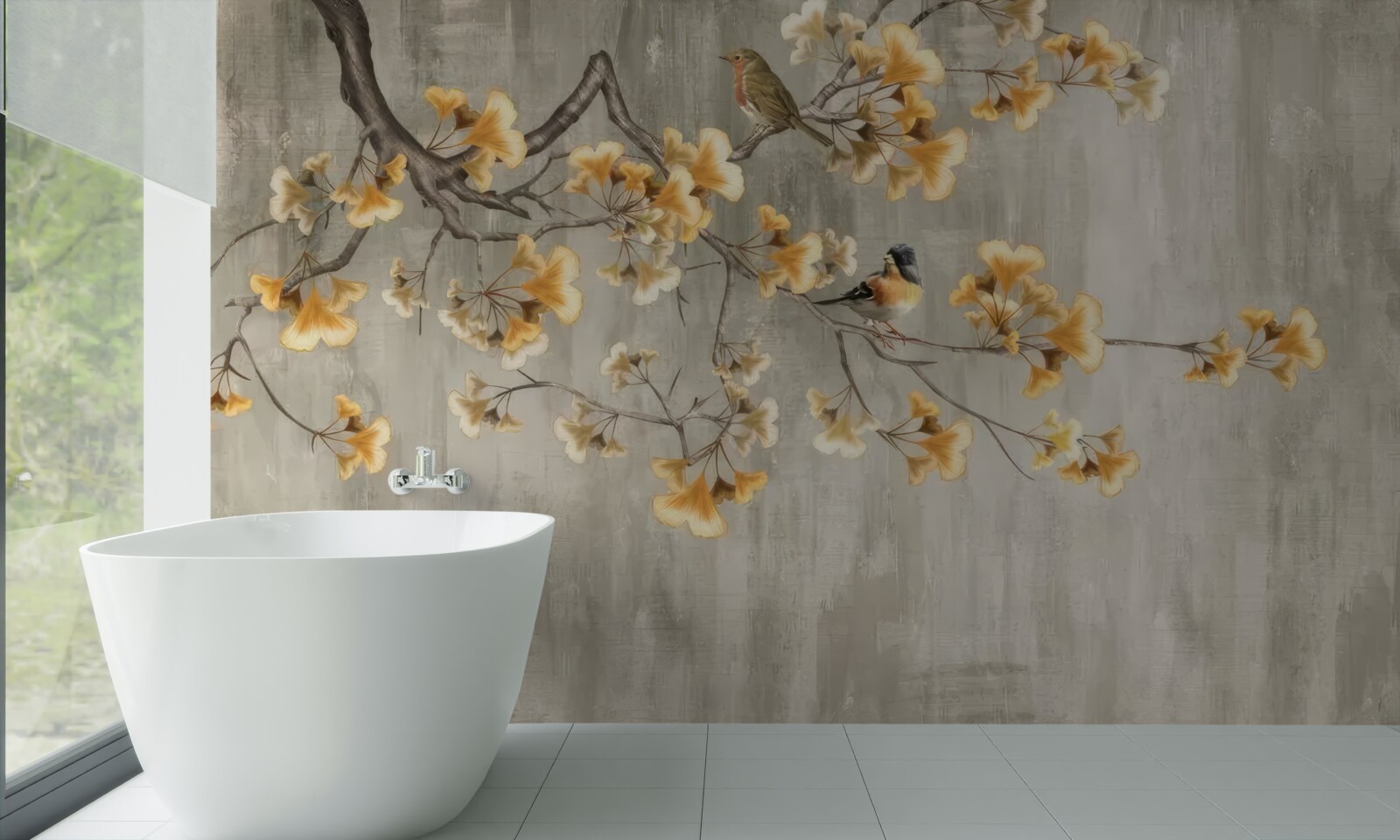 Фотошпалери птахи влаштувалися на гілці з жовтими квітами