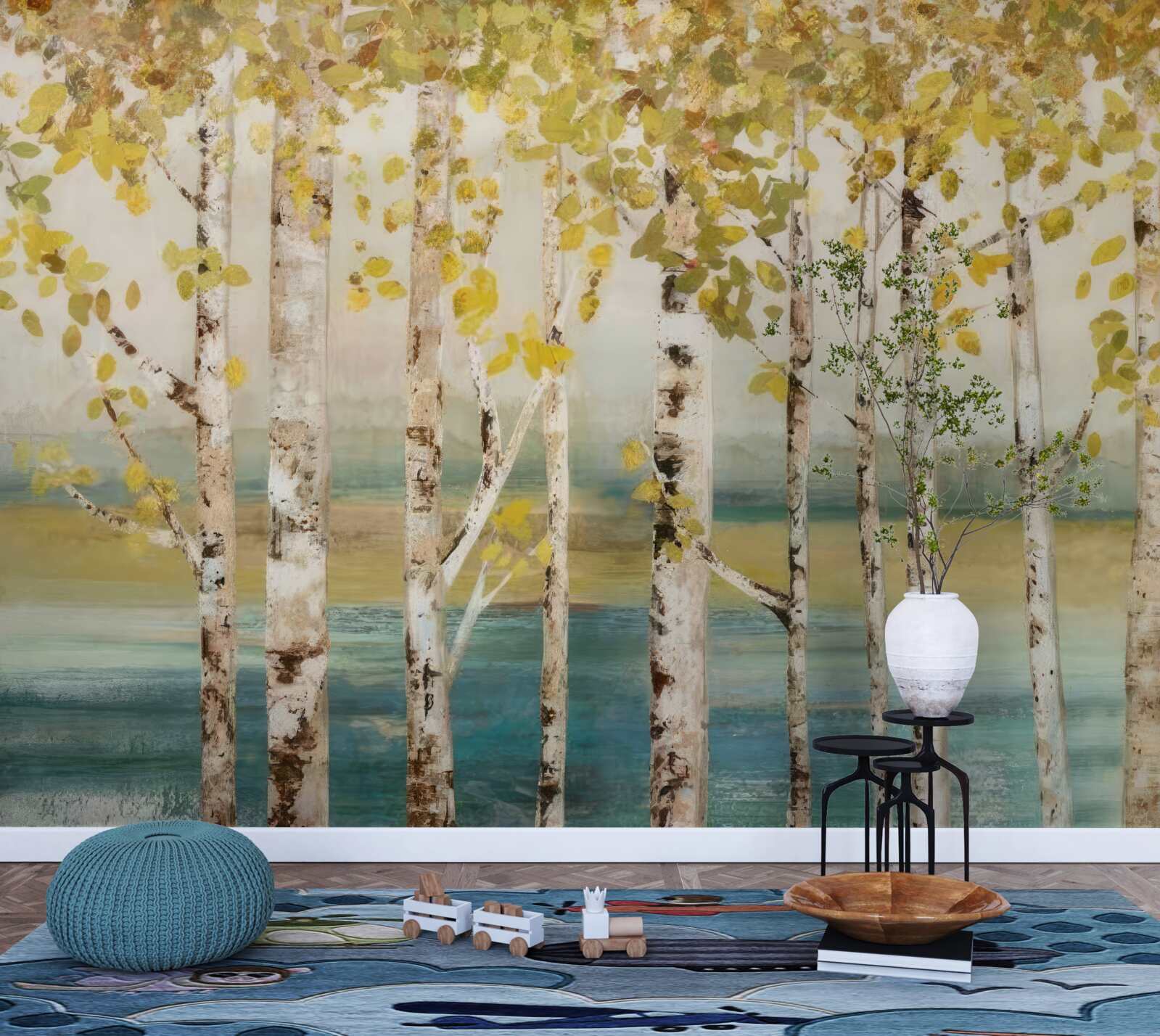 Фотошпалери дерева з жовтим листям стоять біля води