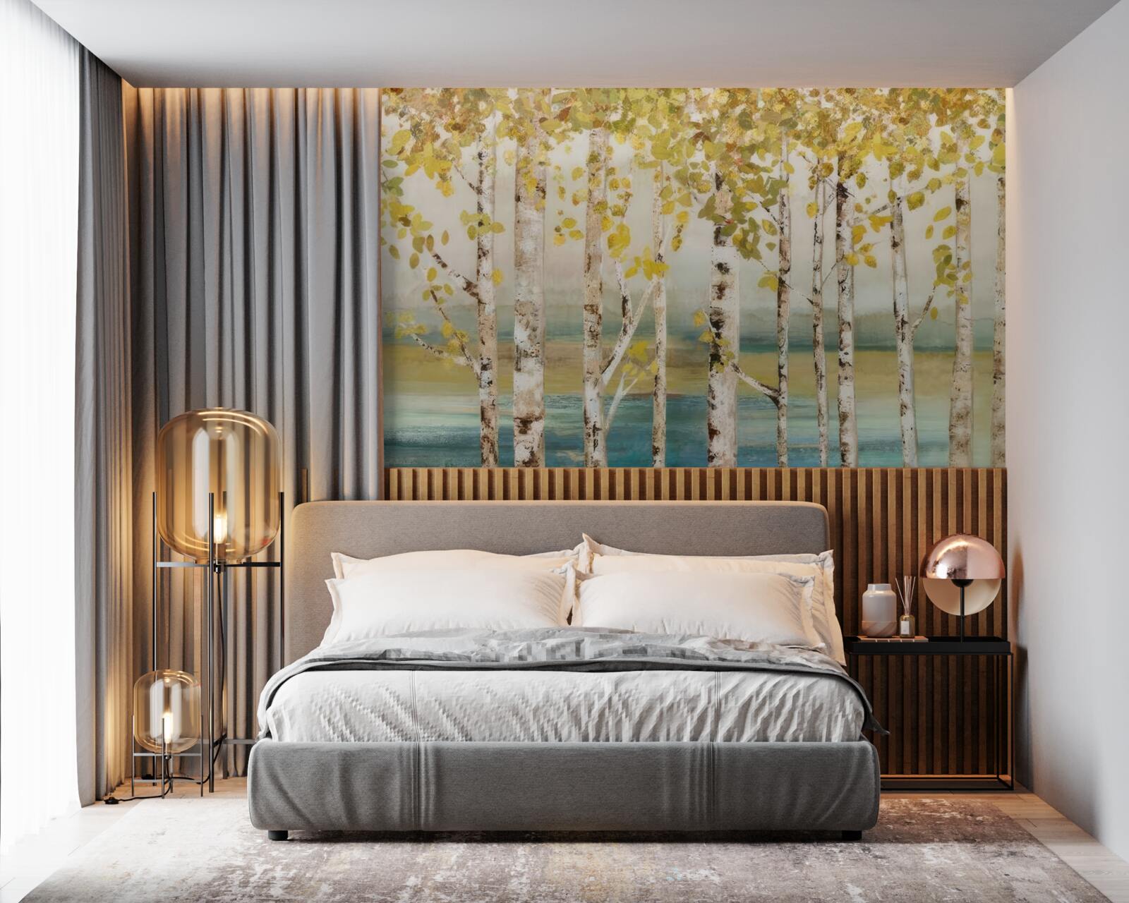 Фотошпалери дерева з жовтим листям стоять біля води