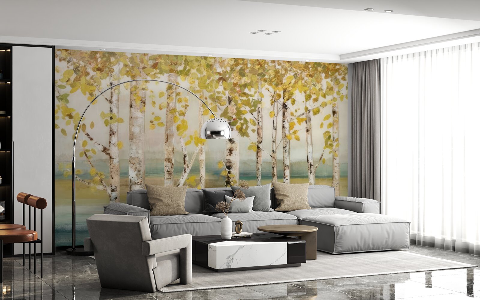 Фотошпалери дерева з жовтим листям стоять біля води