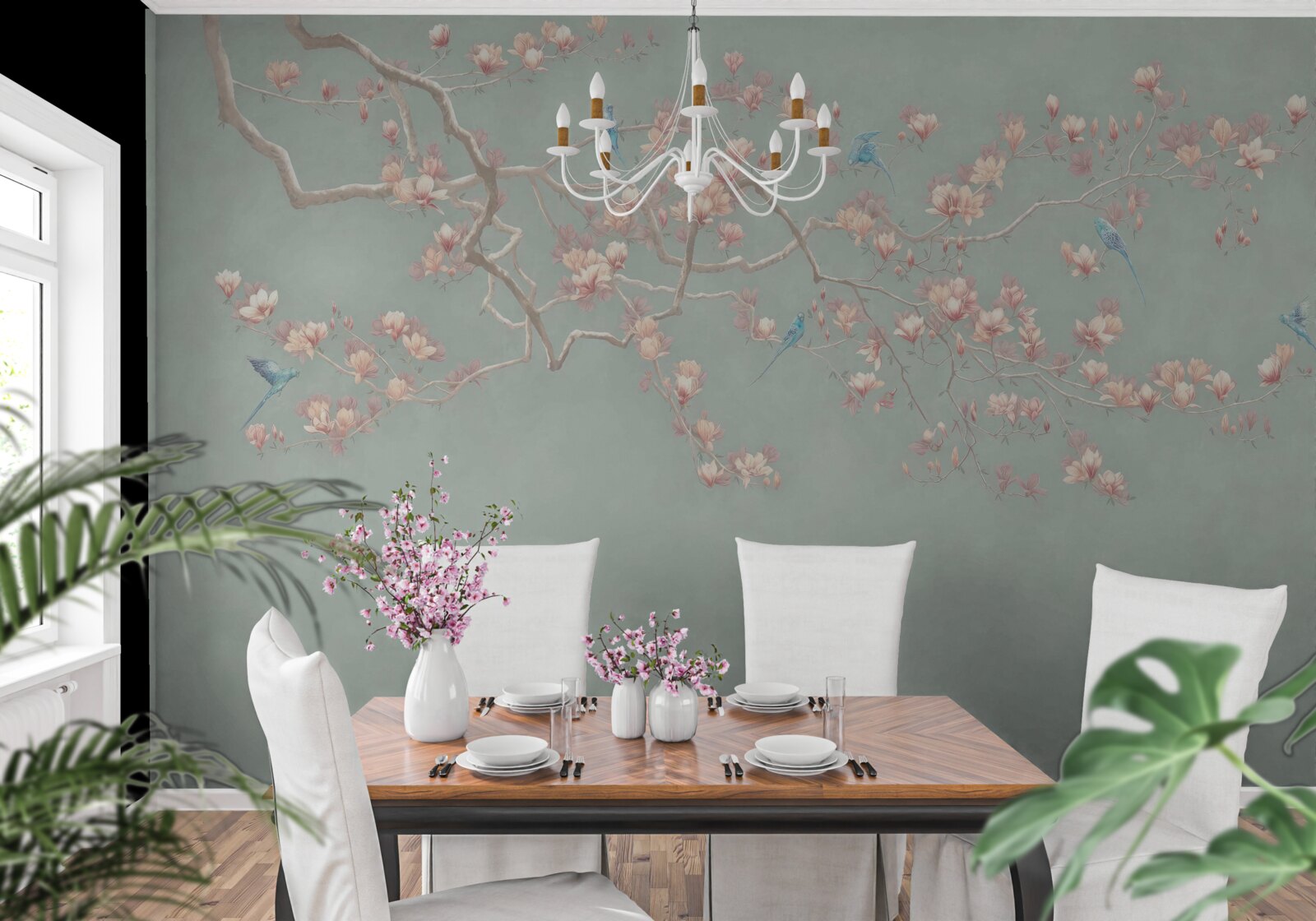 Фотошпалери гілка з квітучими квітами та чорницею