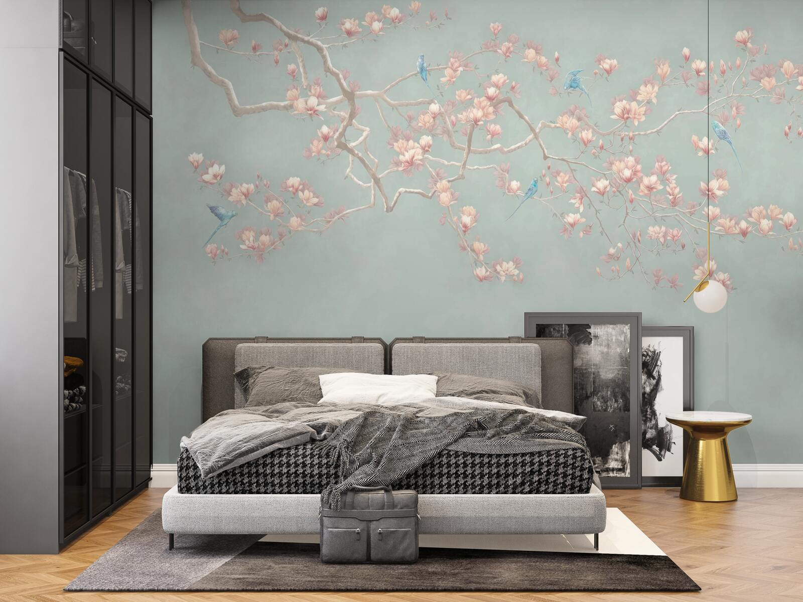 Фотошпалери гілка з квітучими квітами та чорницею