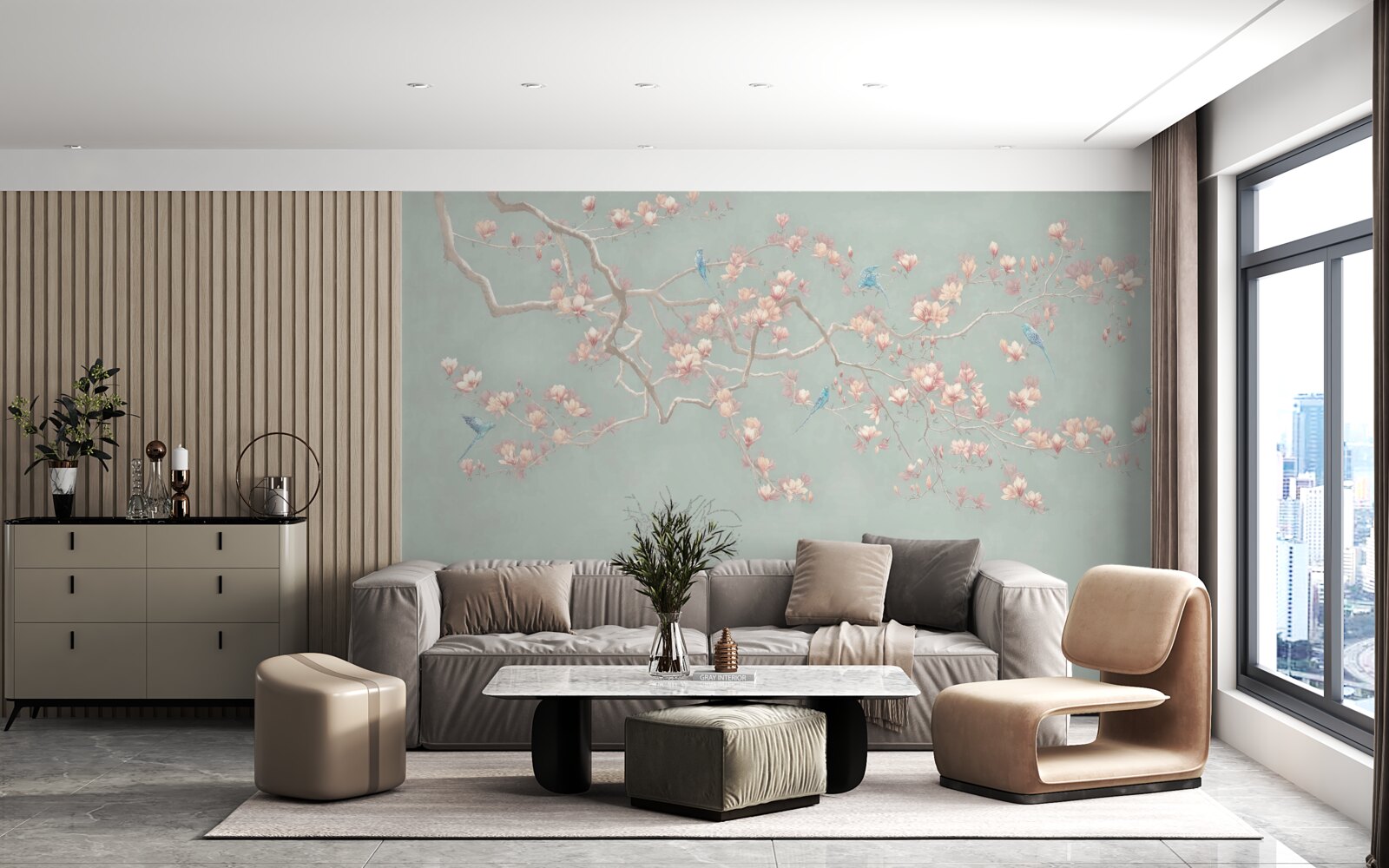 Фотошпалери гілка з квітучими квітами та чорницею